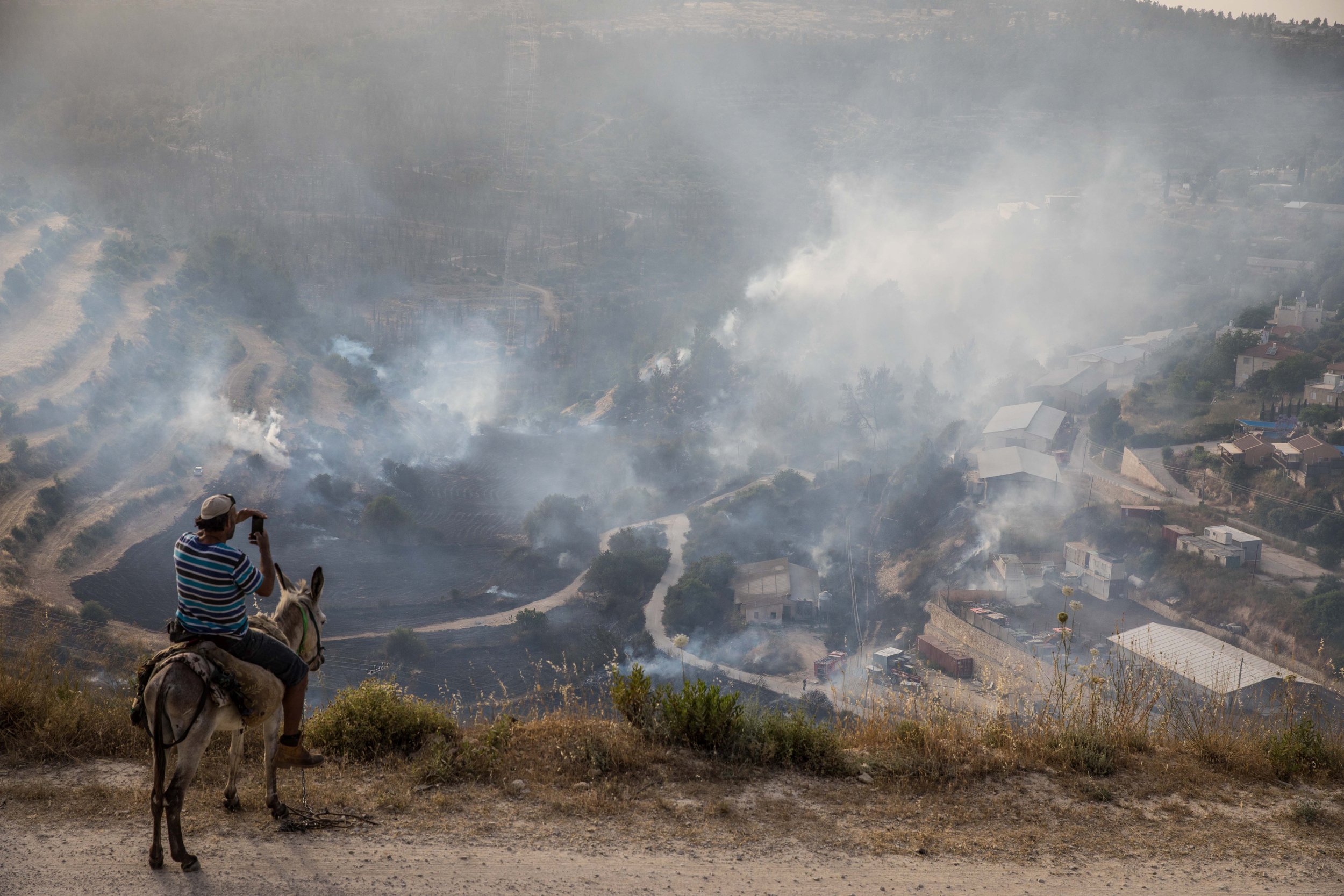  A man sitting on a donkey looking at a large fire raging in Even Sapir, outside of Jerusalem. on June 4, 2019. 