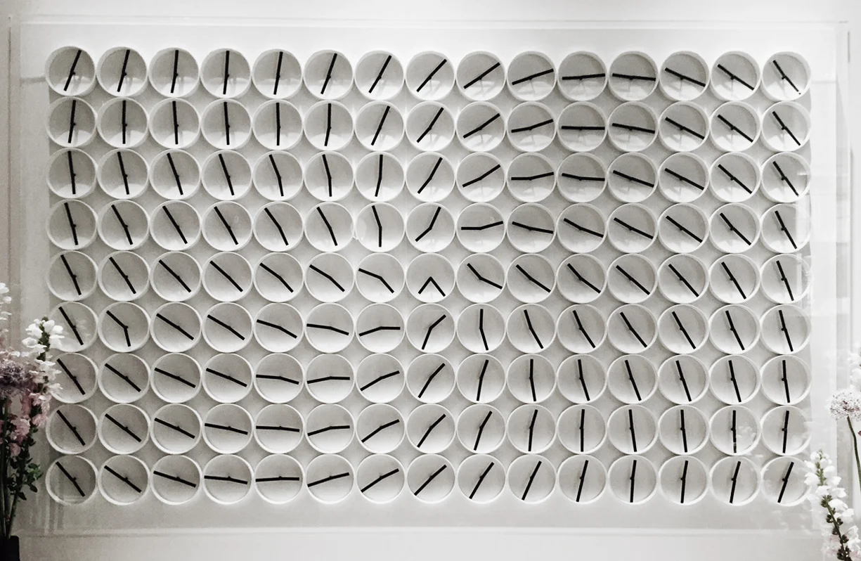 A million Times 135, kinetic artwork made of 135 clocks at Ham Yard Hotel, by Humans since 1982, Stockholm.