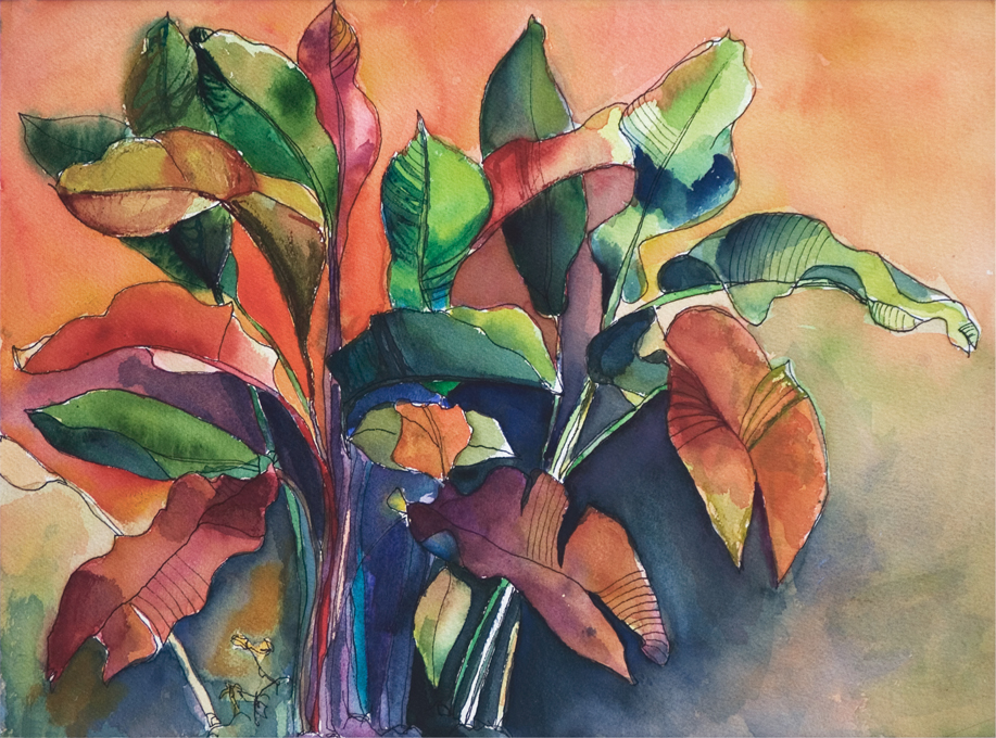 Art Painting Watercolor Tropical Floral Foliage Croton Leaves Garden Caribbean Print