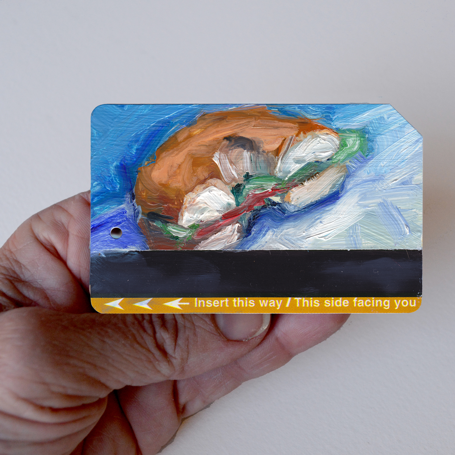 Art Oil Painting New York City Bagel with Lox and Cream Cheese on Recycled NYC Subway Card