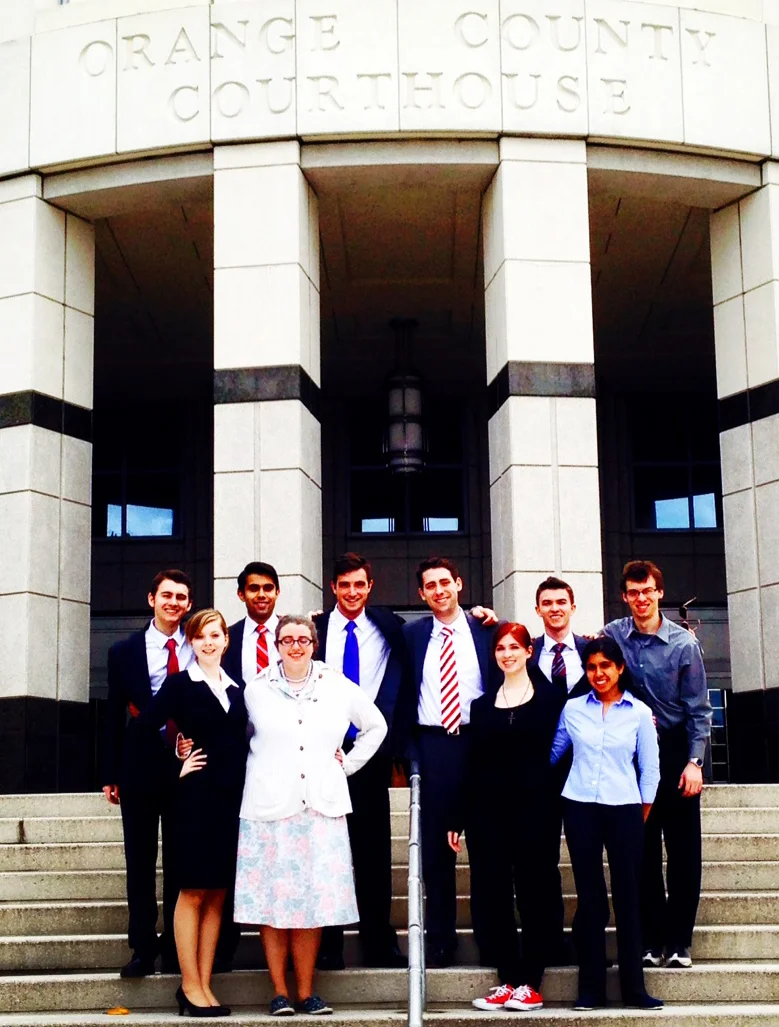 Miami's "B" team placed seventh in the Mock Trial National Tournament. Left to right: Henry Leaman, Monika Mudd, Najeeb Ahmed, Sam Hobbs, Matthew Meeks, Ben Sandlin, Christina Romine, John Spear, Reeti Pal and Elias Demeropolis.