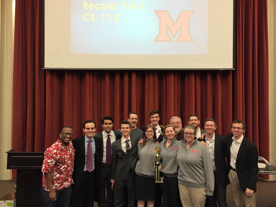 Miami A (left to right): Lawrence Hilton (Coach), Gus Lazares (Coach), Najeeb Ahmed (2016), John Spear (2016), Taylor Seay (2015), Christina Romine (2016), Matt Meeks (2015), Monika Mudd (2015), Dan Herron (Coach), Sam Hobbs (2016), Ben Sandlin (2016), Zach Stevens (2015), Elias Demeropolis (2016).
