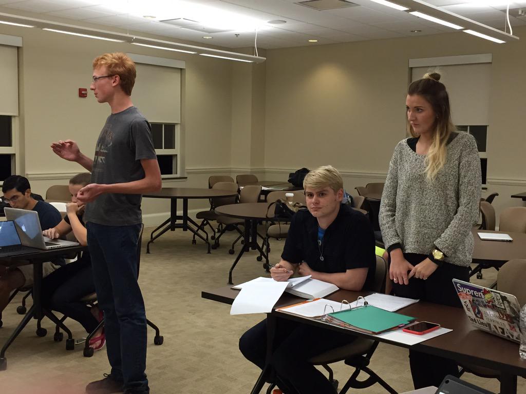 1056 attorneys Spence Campbell (left) and Taylor Schlepp (right) argue objections in a Sunday practice.