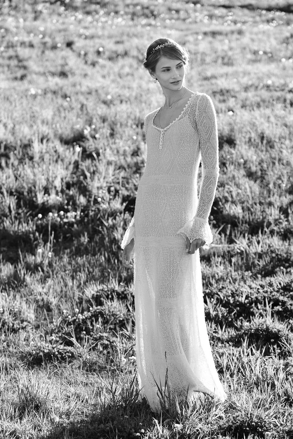 Anna Selezneva black and white portrait on wedding day. Fashion model Anna Selezneva's wedding in Vail Colorado. Wedding ceremony at the Vail Chapel. Wedding reception at The 10th on Vail Ski Resort.