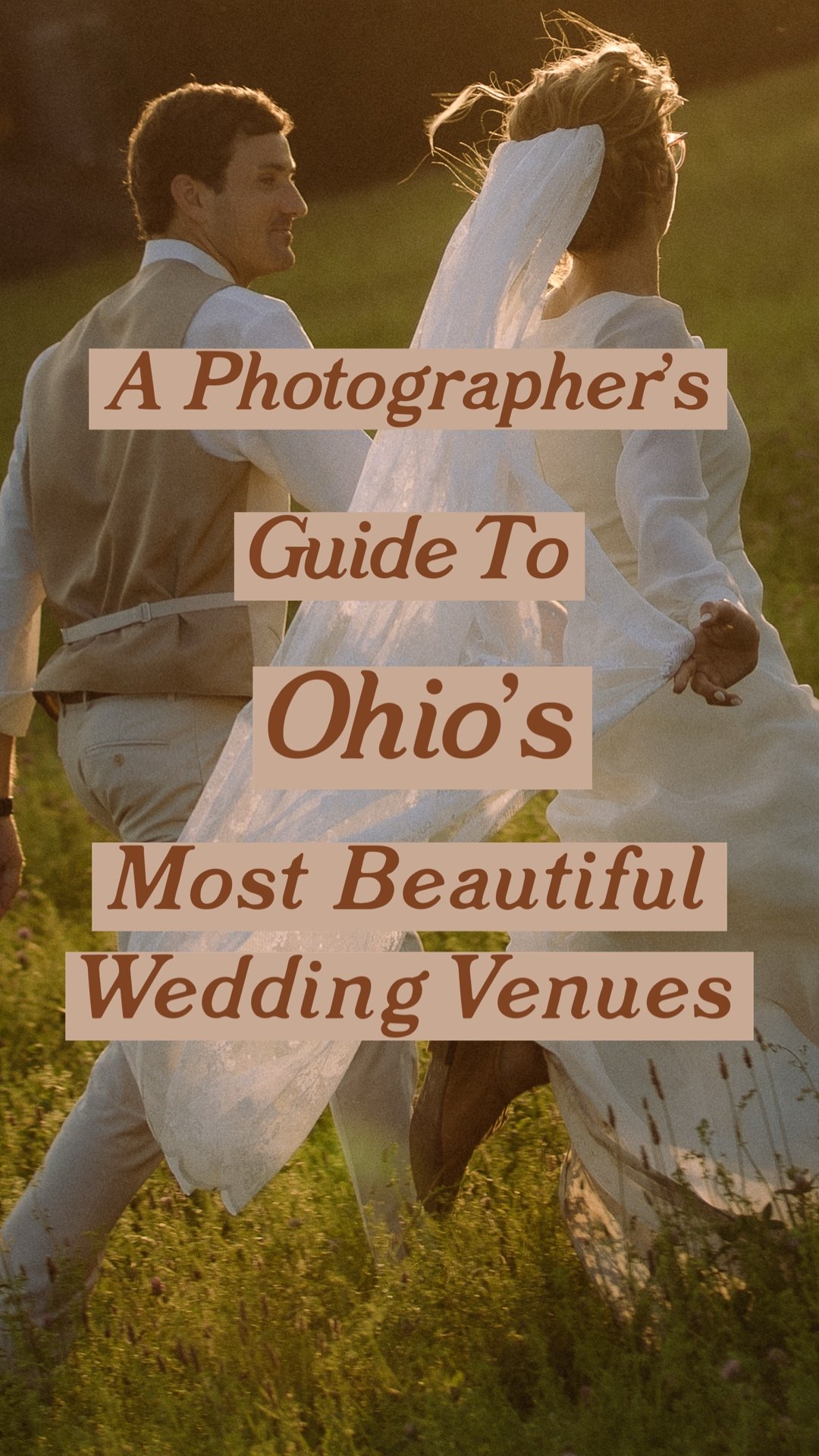 Bride and groom walking hand in hand through a field at golden hour near Dayton Ohio wedding venues.