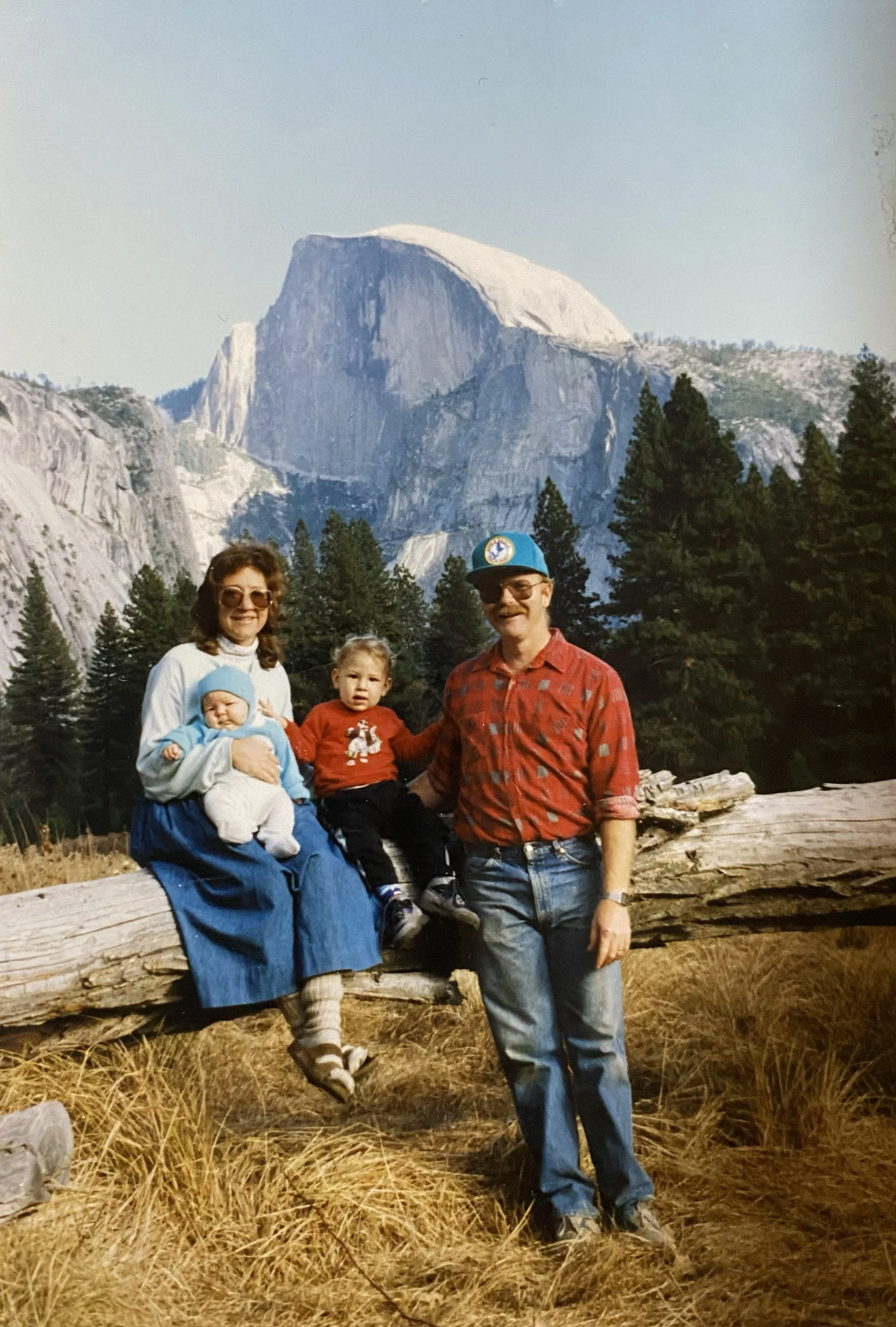 Old family photo in Yosemite National Park with Half Dome in background, early 1990s travel photo