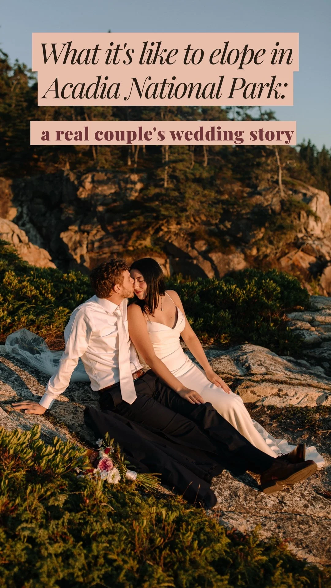 Newly married couple sitting together on the rocky coastline in Acadia National Park during golden hour at sunset.