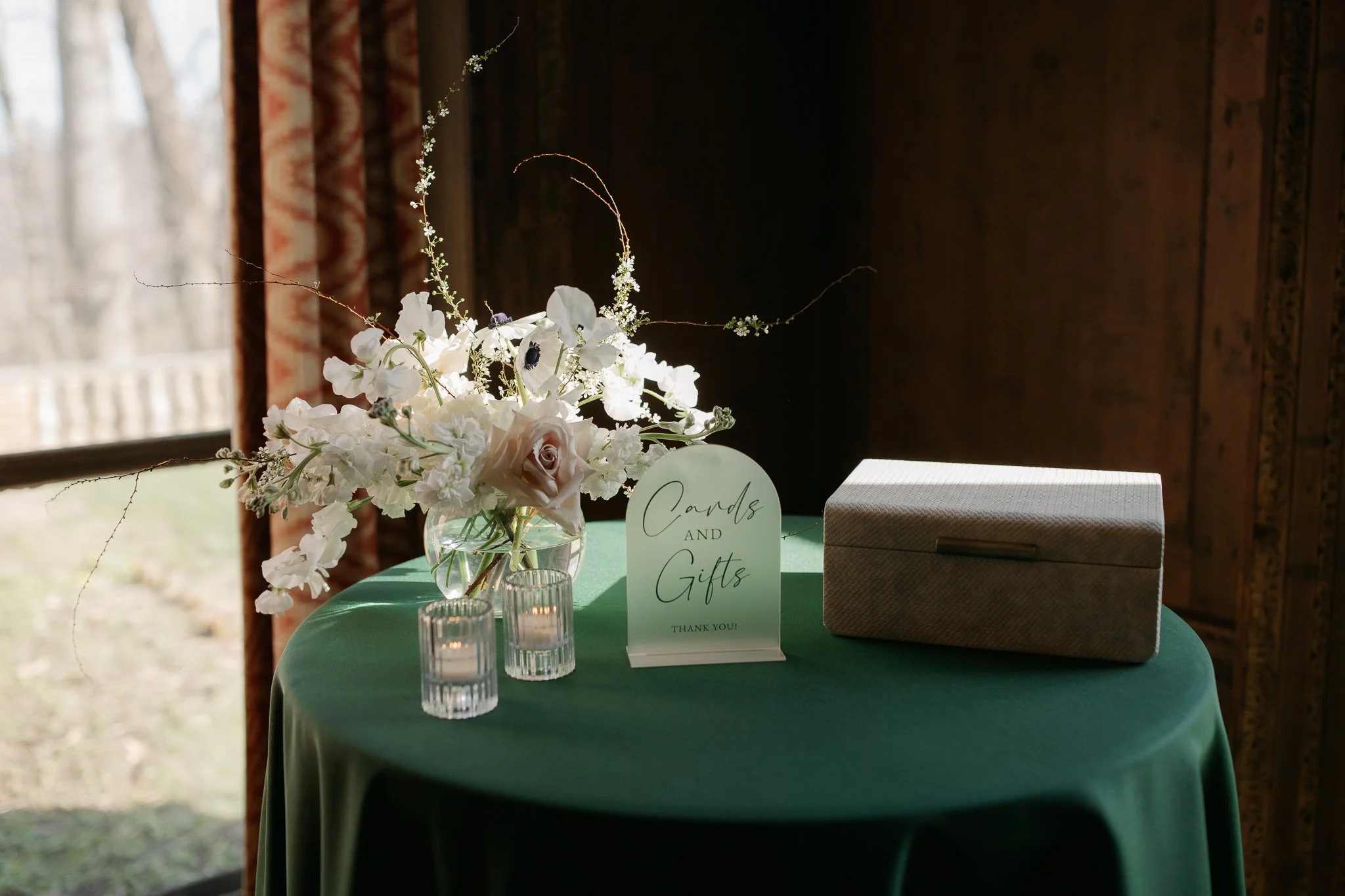 Table with cards and gifts display inside Peterloon Estate