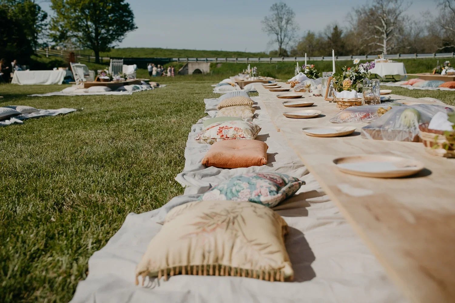 Vintage picnic-style wedding reception with low tables, layered linens, and floor seating set outdoors near Dayton, Ohio