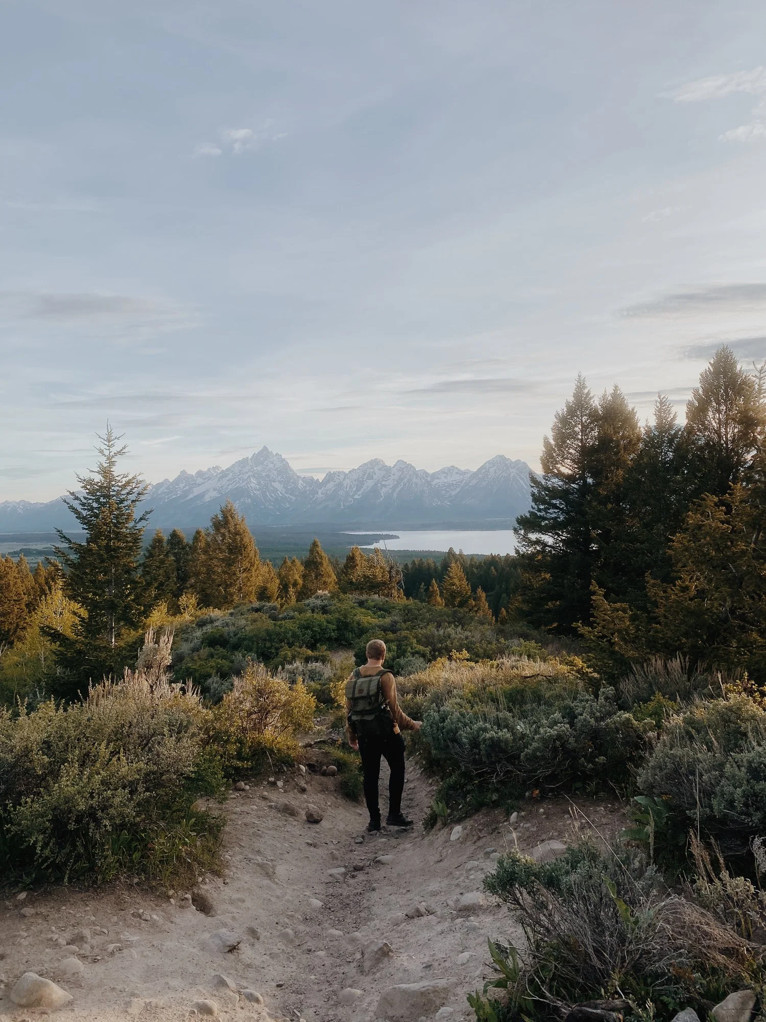 Person hiking along a trail overlooking the Teton Range and Jackson Lake