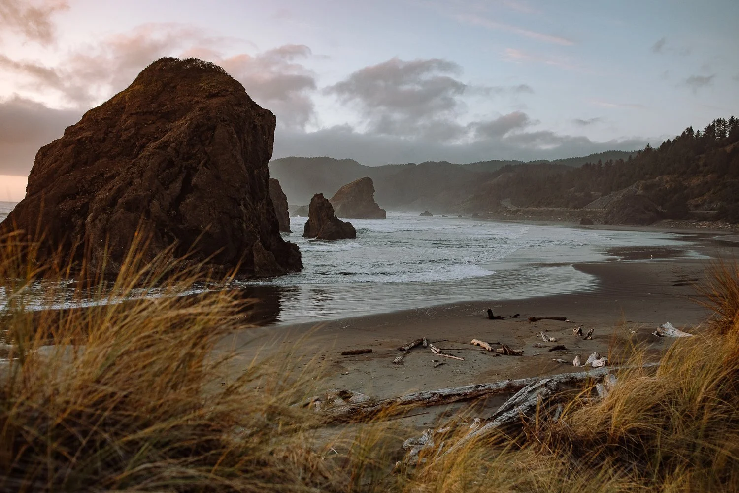 Moody coastal landscape at Gold Beach Oregon with sea stacks and drifting mist