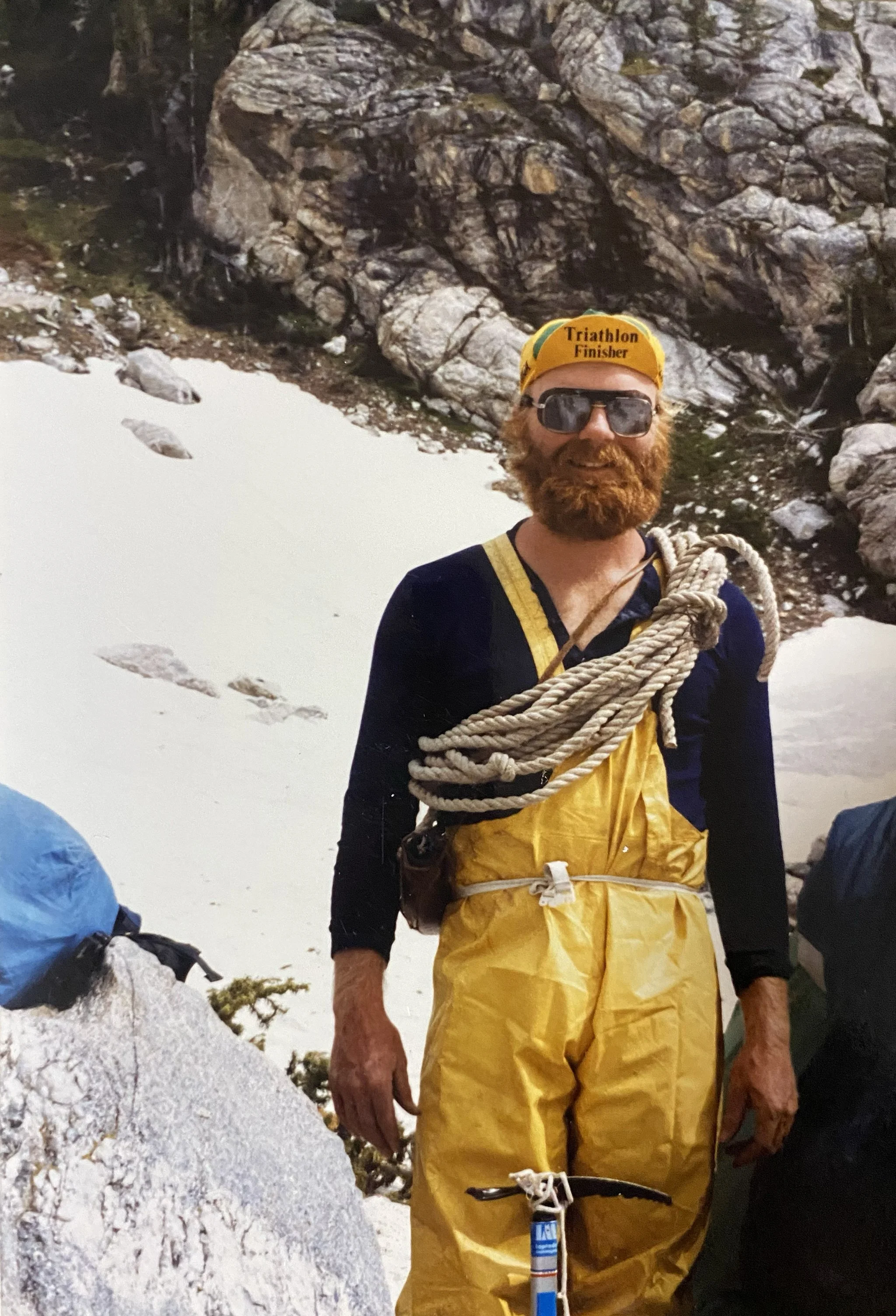1980s mountaineering photo of climber at base camp before climbing the Middle Teton in Wyoming