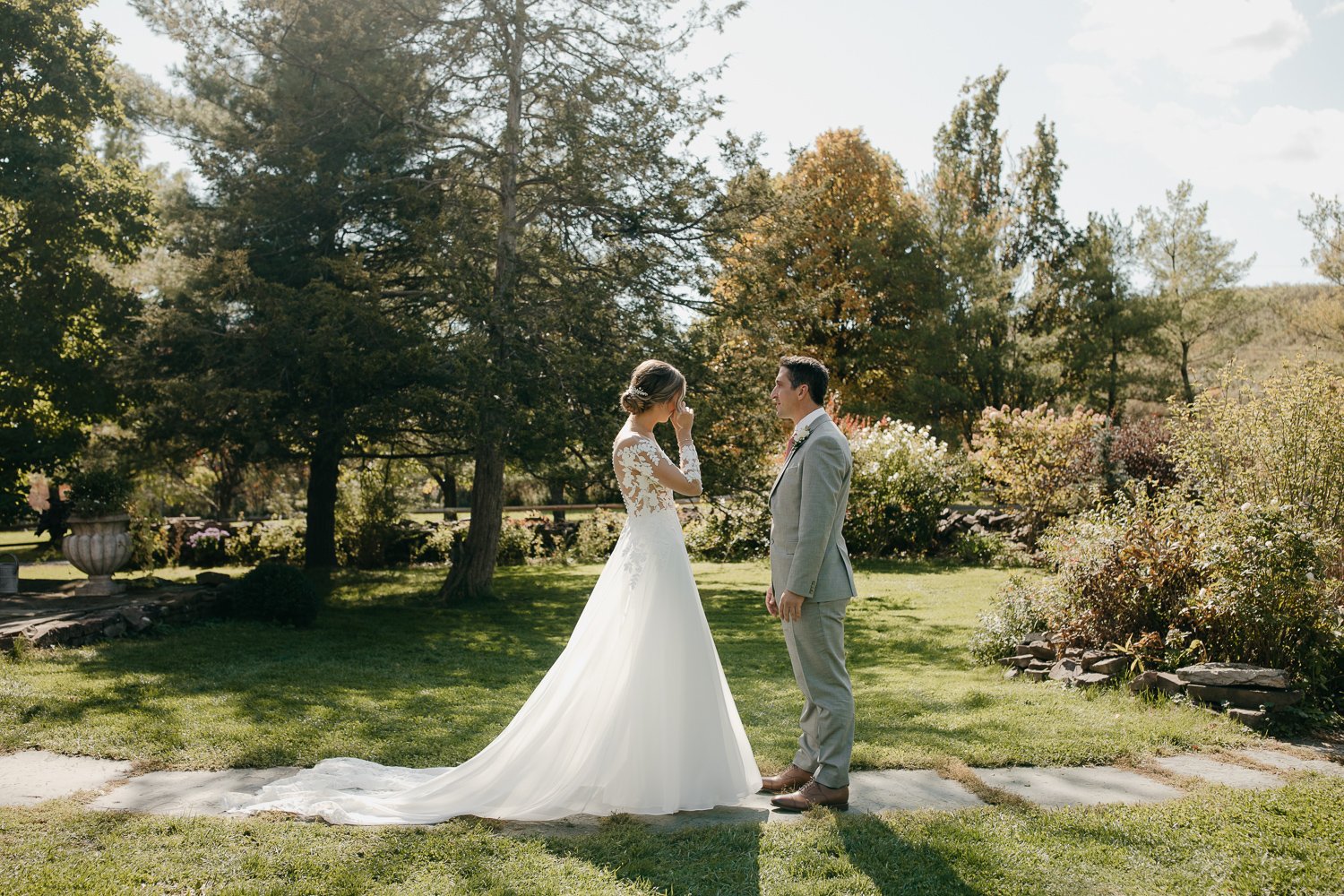 Bride and groom seeing each other for their first look at Windrift Hall in the Hudson Valley