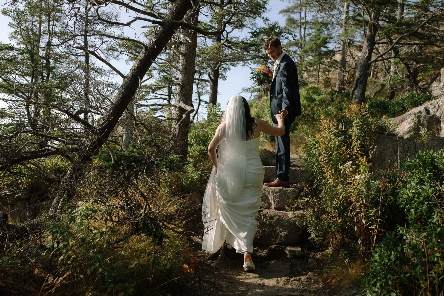 Bride and groom walking together through coastal trees during an Acadia National Park elopement