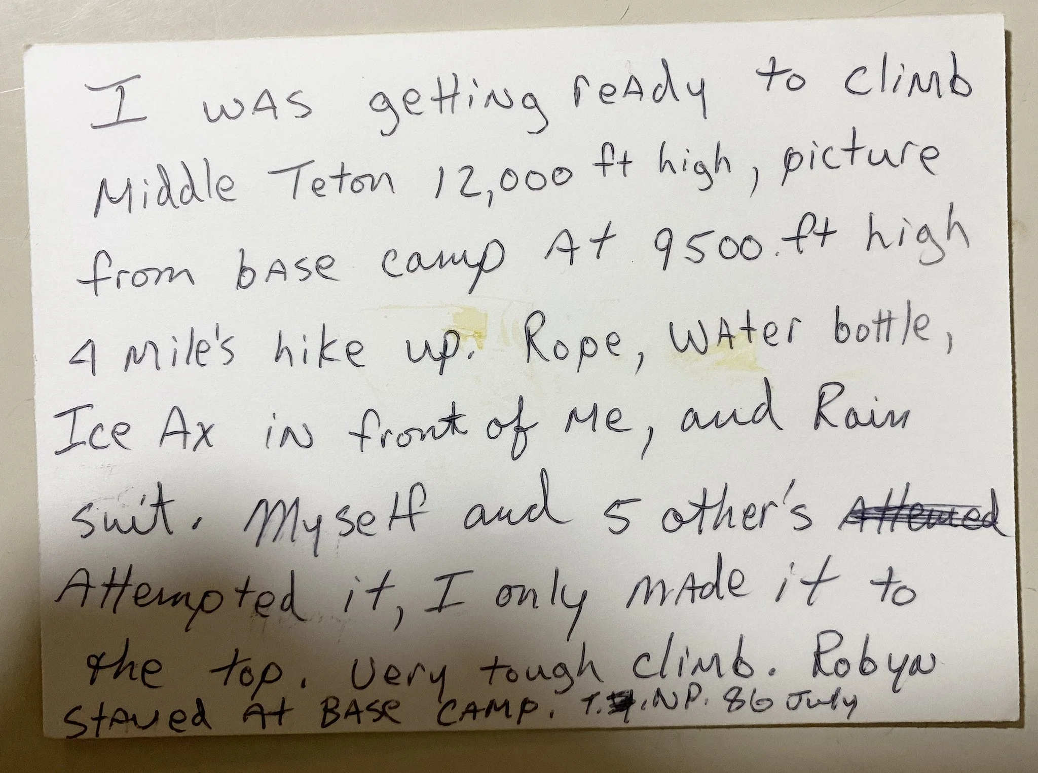 Handwritten note on back of old photograph describing Middle Teton climb in the 1980s