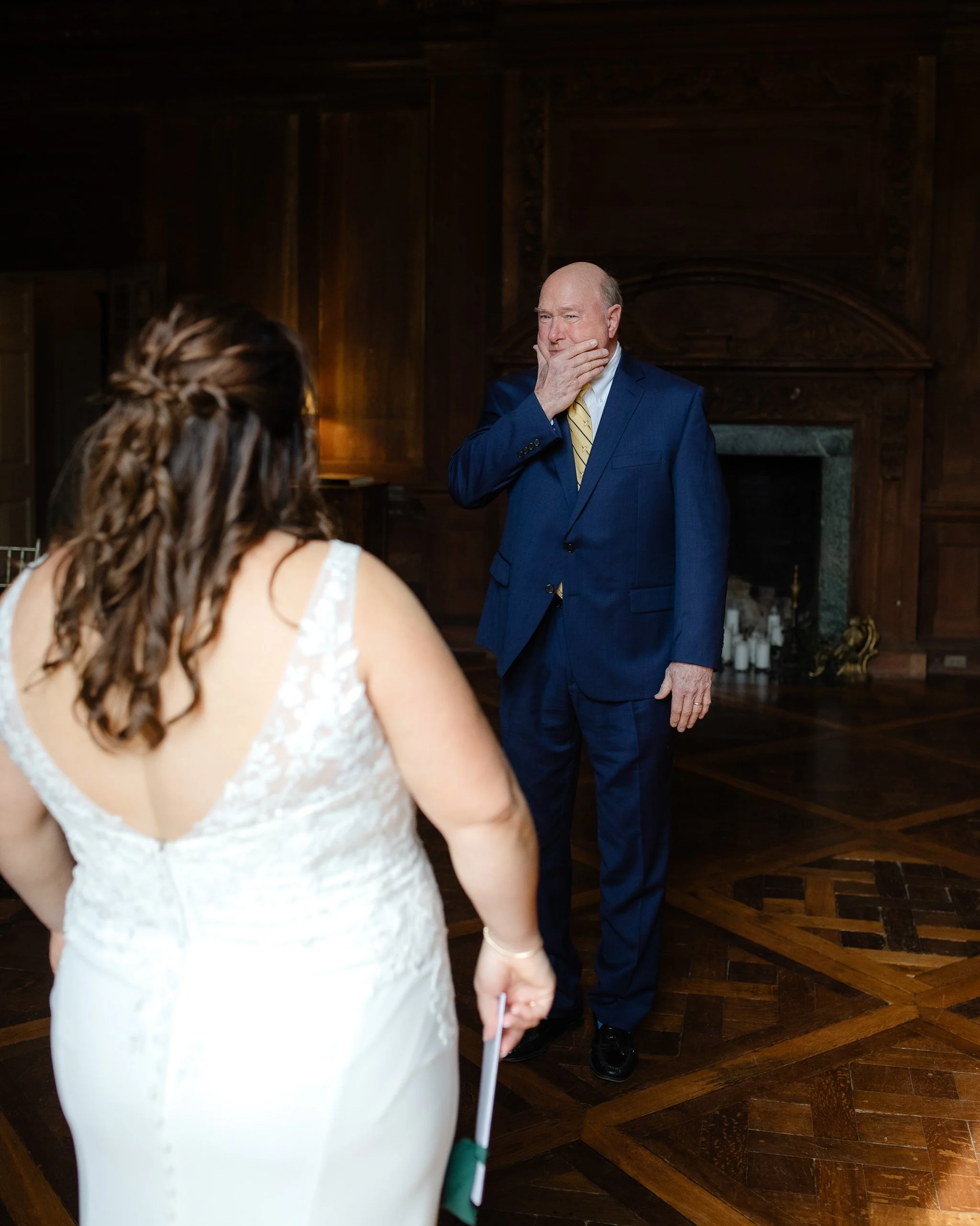 Father reacting emotionally during first look with bride inside Peterloon Estate