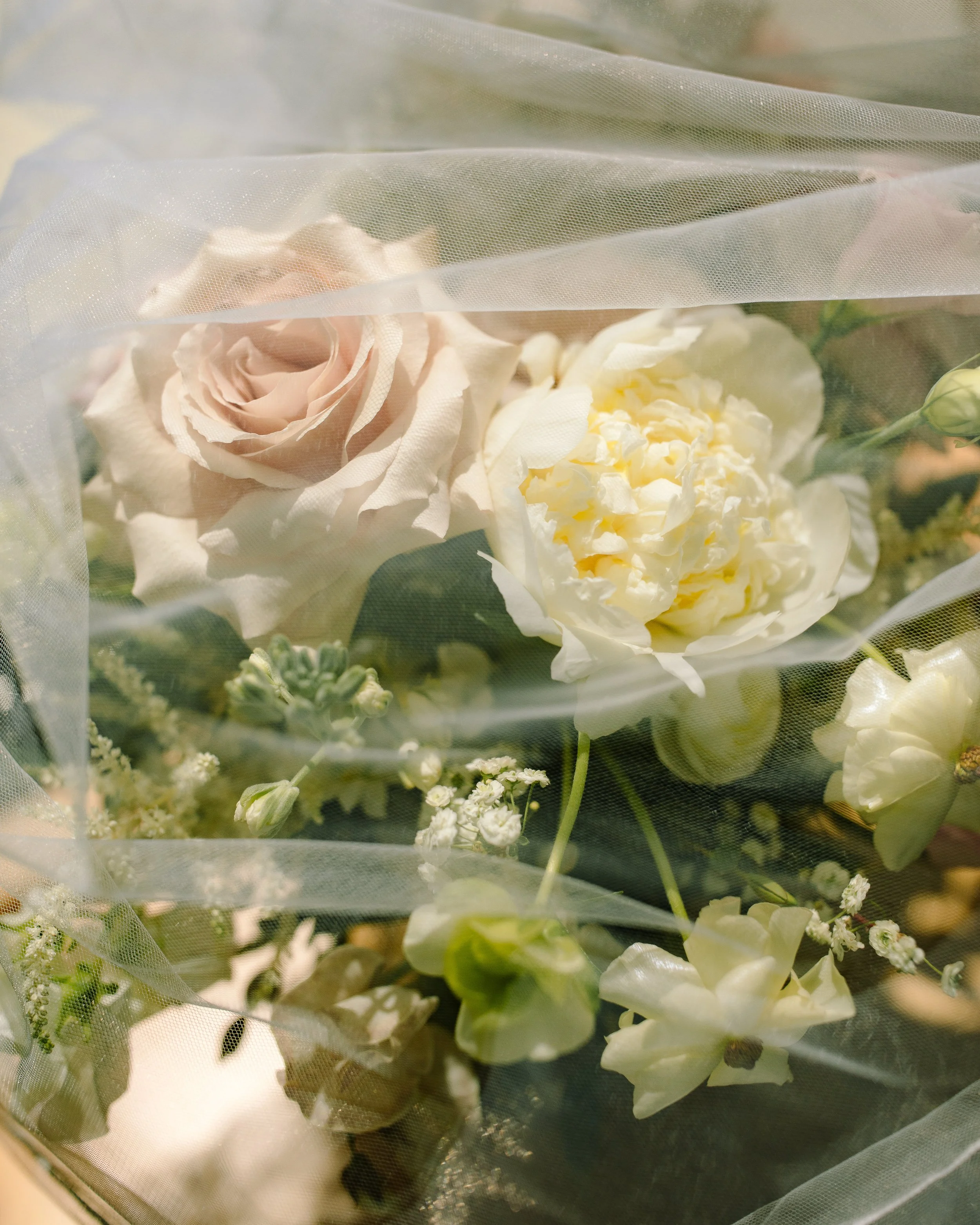 Spring wedding bouquet with pale pink roses and greenery photographed in natural light at Jorgensen Farm The Gardens.