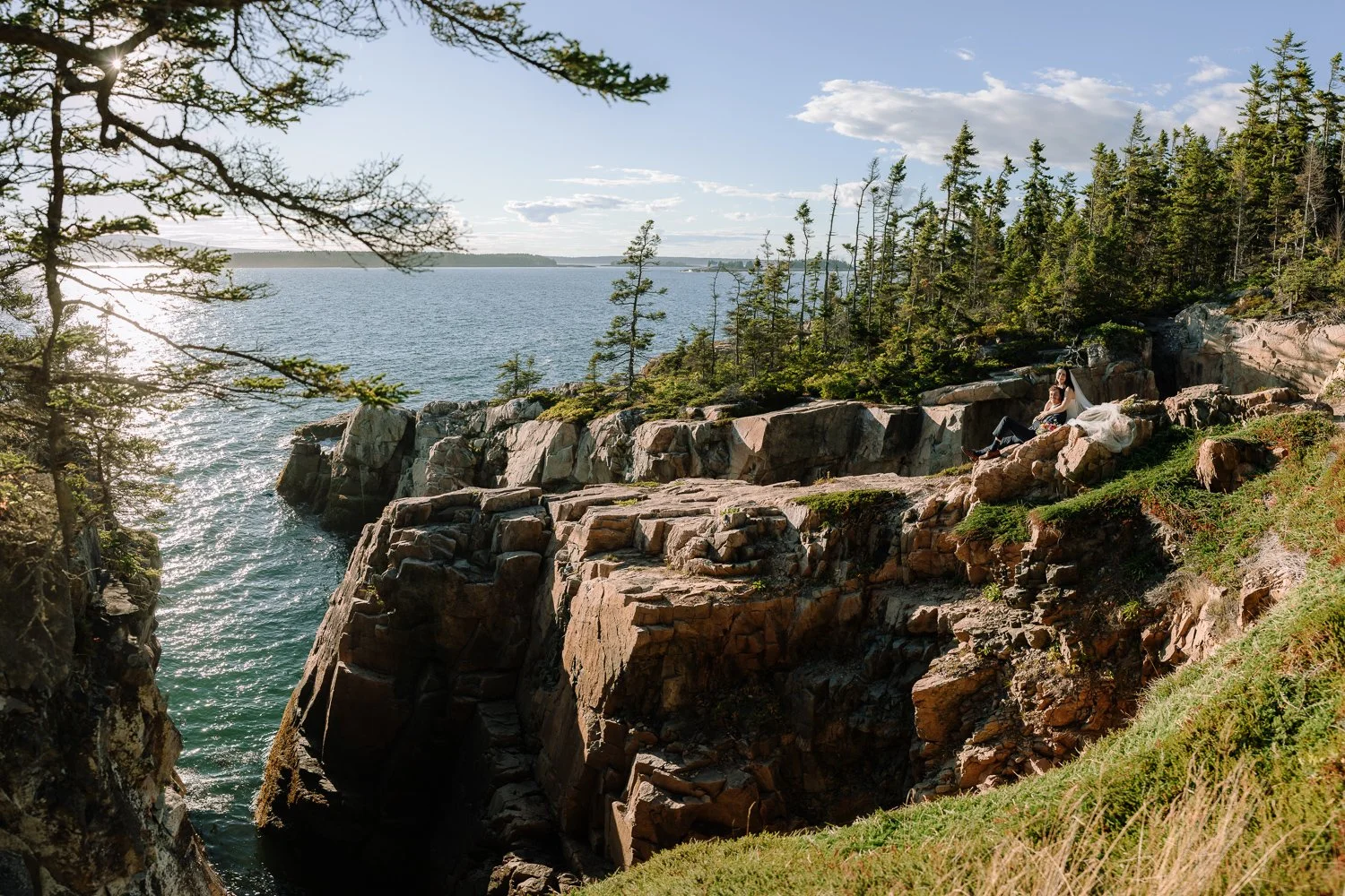 Wide view of dramatic coastal cliffs and ocean during an evening elopement in Acadia National Park