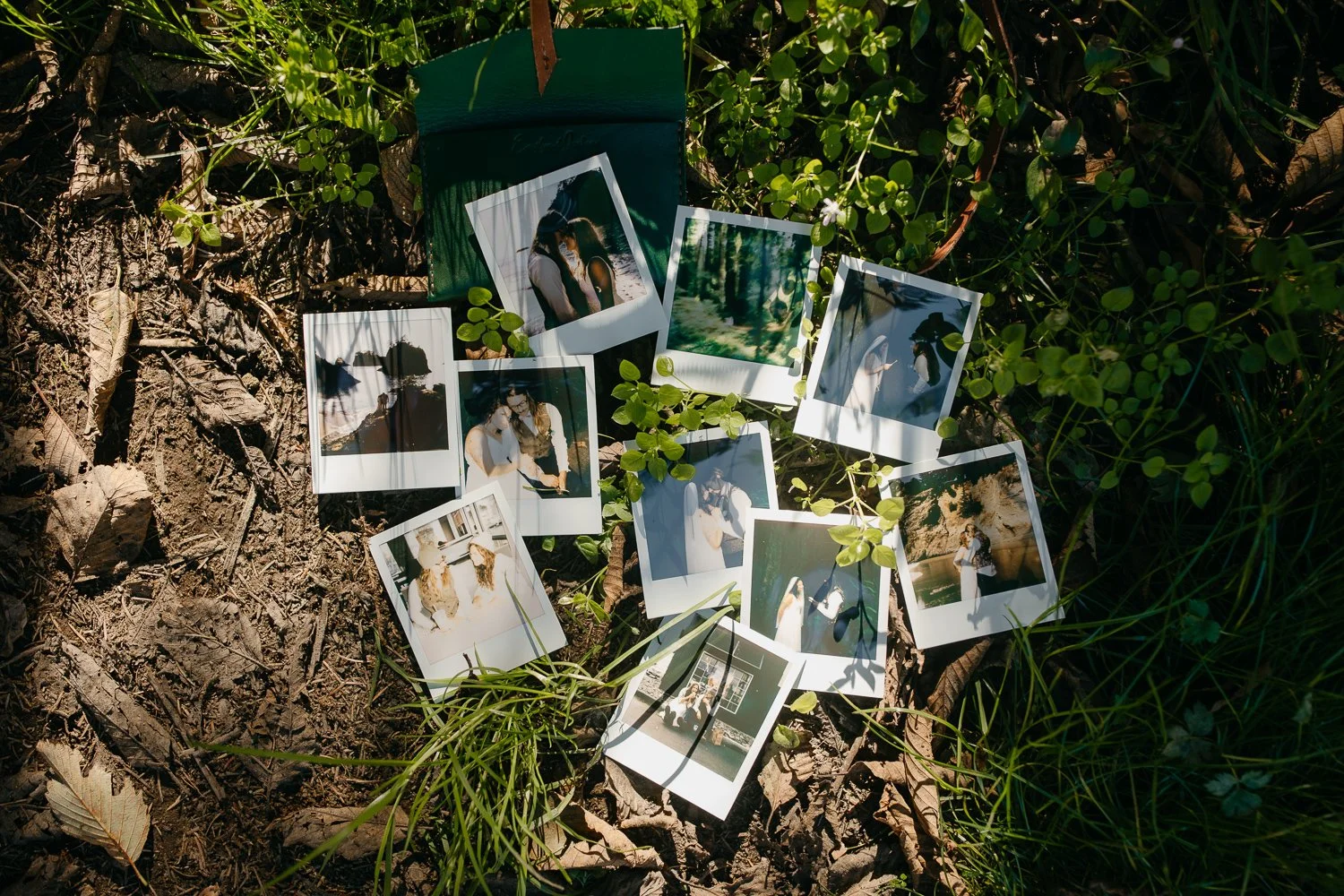 Flatlay of instant film photos from a redwoods elopement and beach session arranged on moss and forest floor