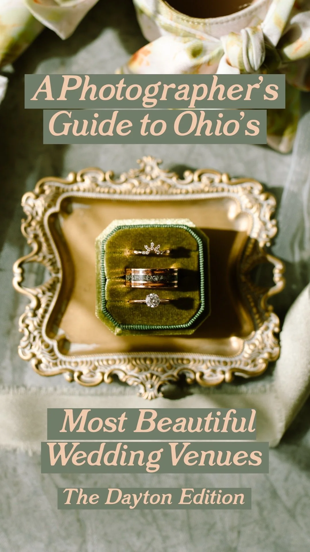 Wedding rings styled on a vintage tray, photographed for a photographer’s guide to Dayton Ohio wedding venues.