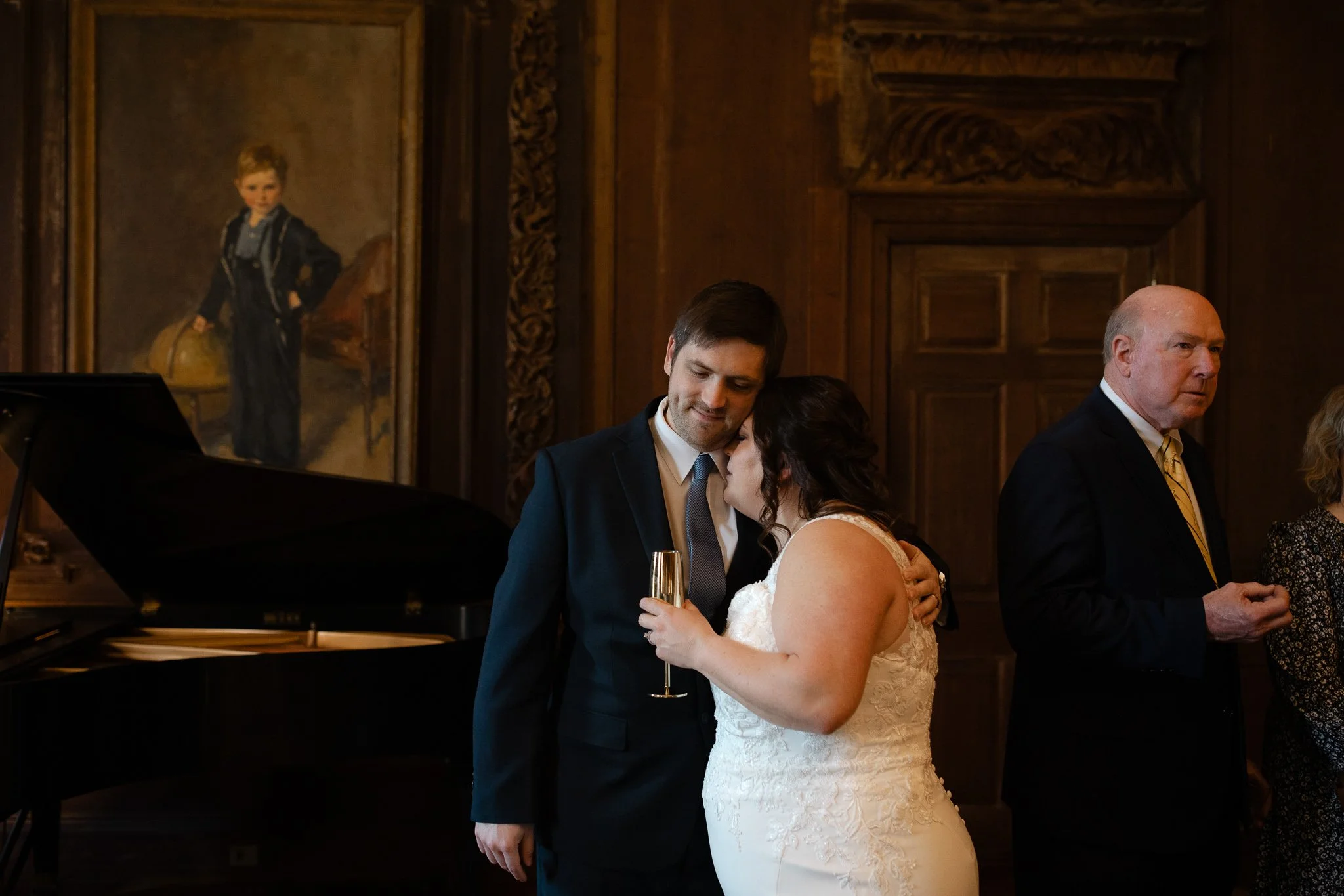 Couple sharing a quiet moment together inside grand room