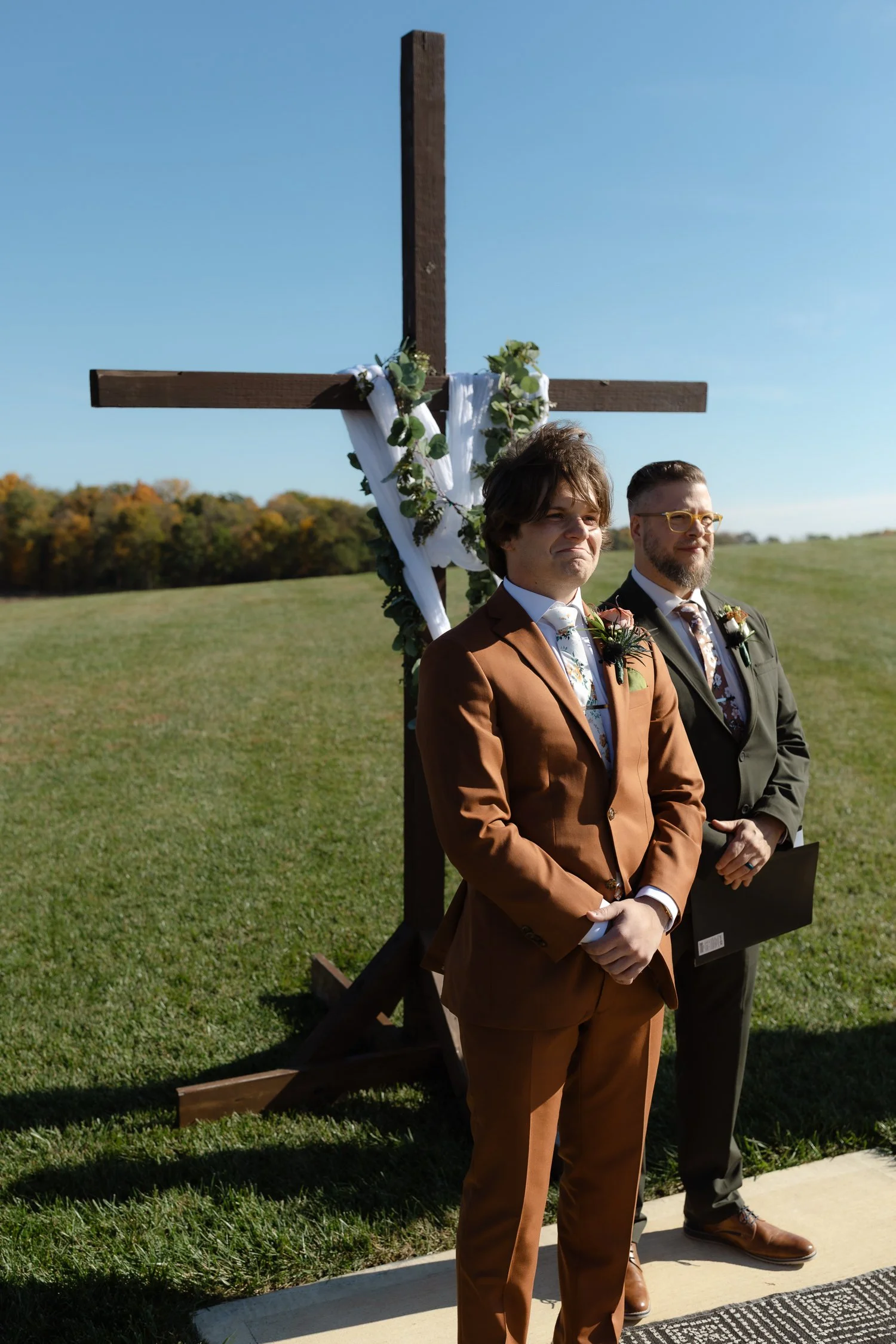 Groom waiting at the altar during an outdoor ceremony at Ivory Meadows in Yellow Springs, Ohio.