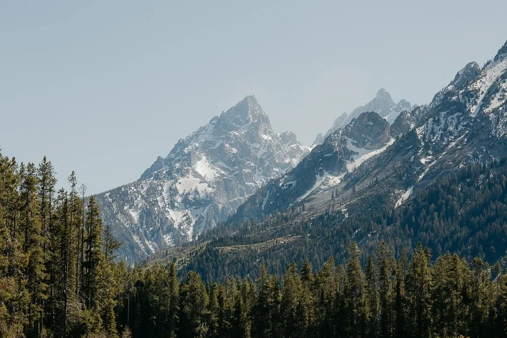 Wide mountain view of the Teton Range in Grand Teton National Park near Jackson Hole, Wyoming