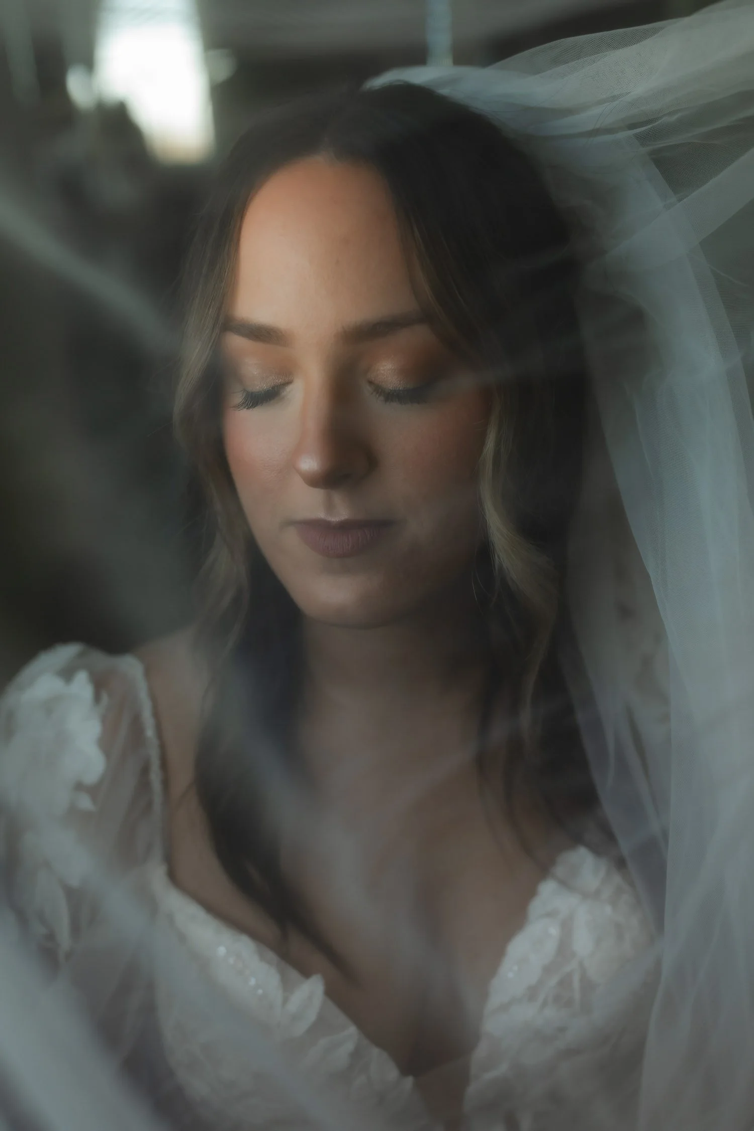 Soft bridal portrait photographed through the veil during getting ready at an Ivory Meadows wedding in Yellow Springs, Ohio.