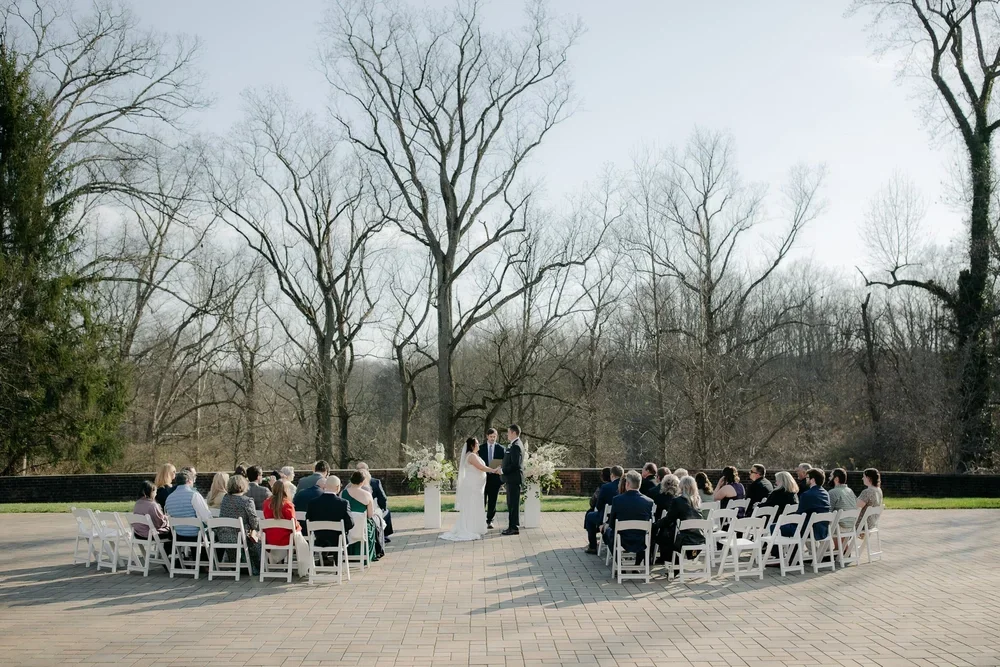 An intimate outdoor wedding ceremony on a terrace in the spring time in Cincinnati