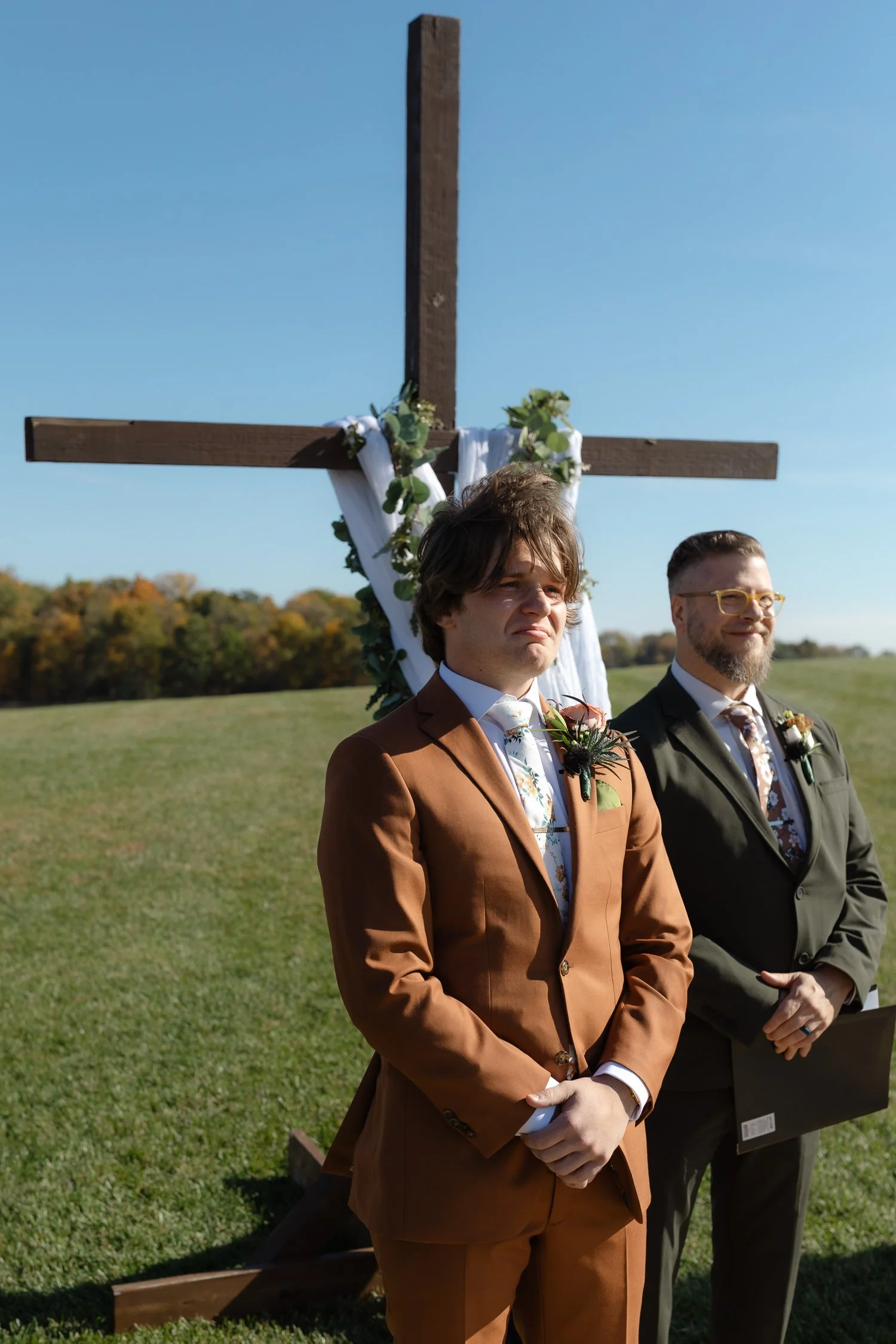 Groom reacting emotionally during the wedding ceremony at Ivory Meadows in Yellow Springs, Ohio.
