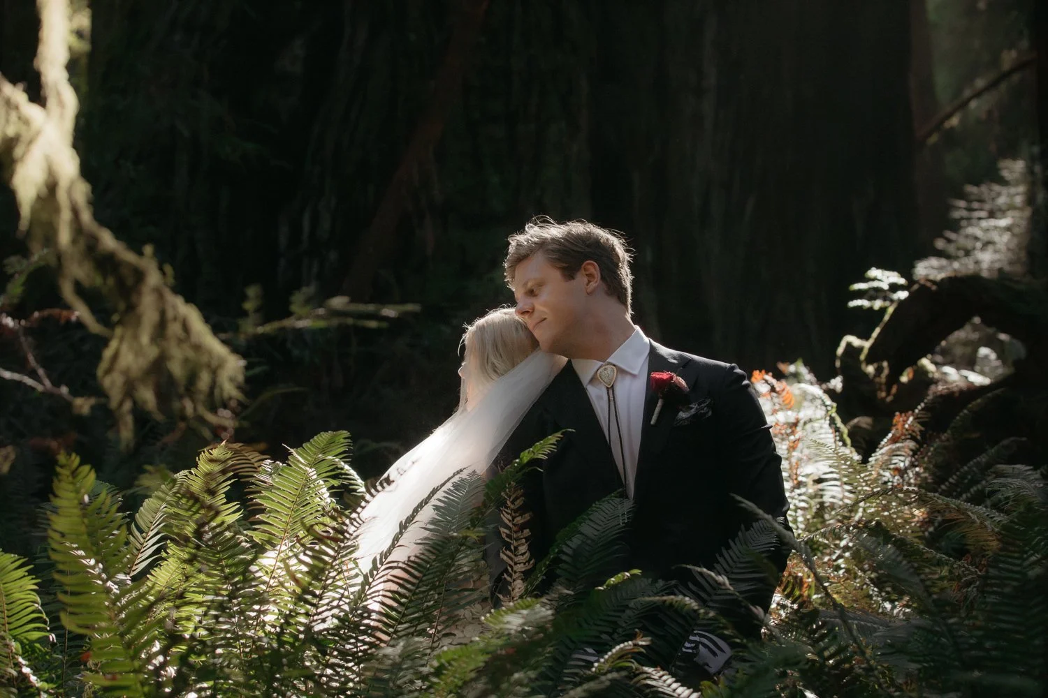 Bride and groom sharing a kiss surrounded by ferns in Prairie Creek Redwoods