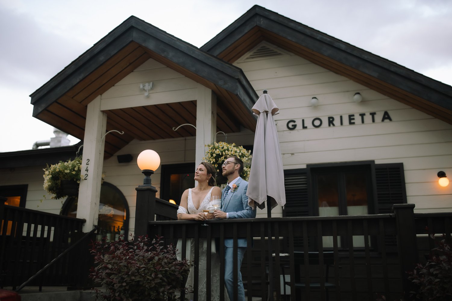 Couple standing outside Glorietta Trattoria restaurant in Jackson Hole, Wyoming