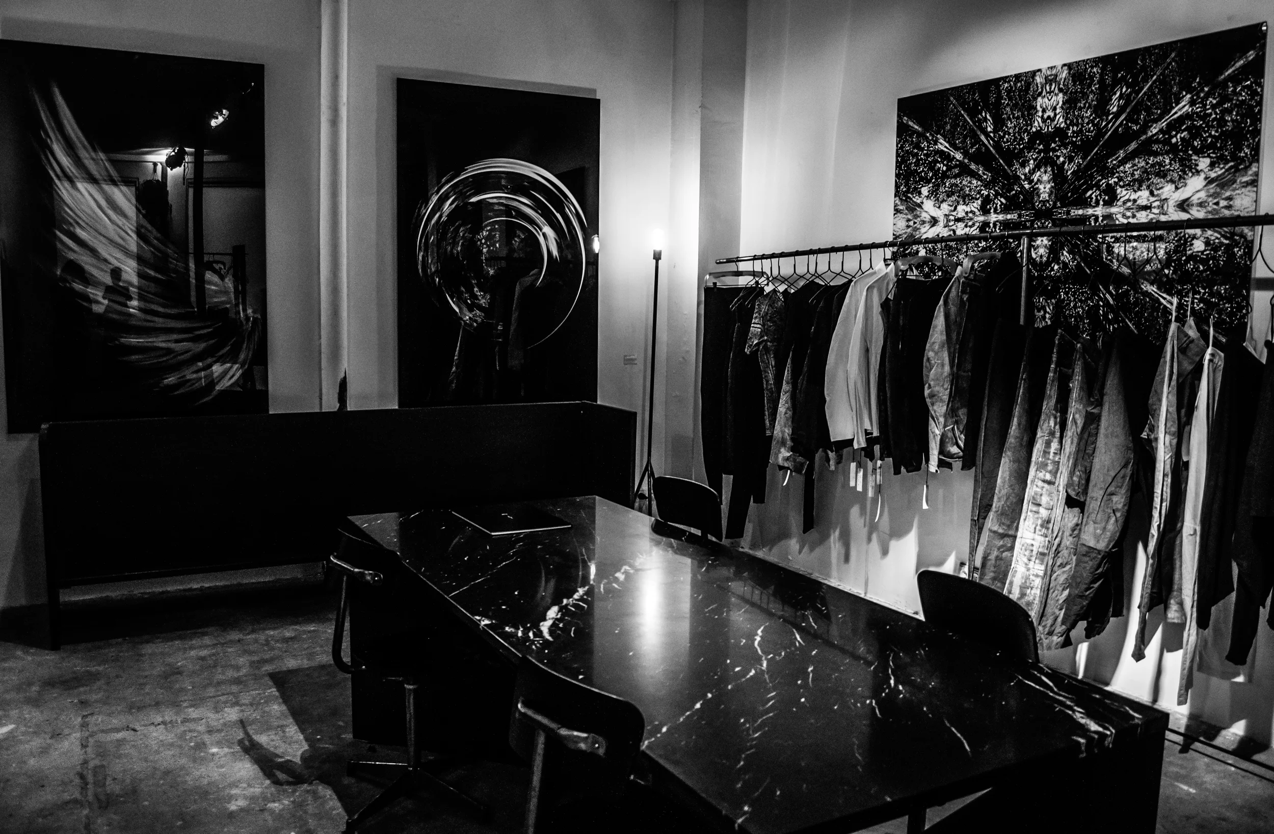 the CONCEPT S/TORE exhibition space including pournoir kundag black marble table, gl-ow alchemy artworks & lumen et umbra spring/summer 2015 collection