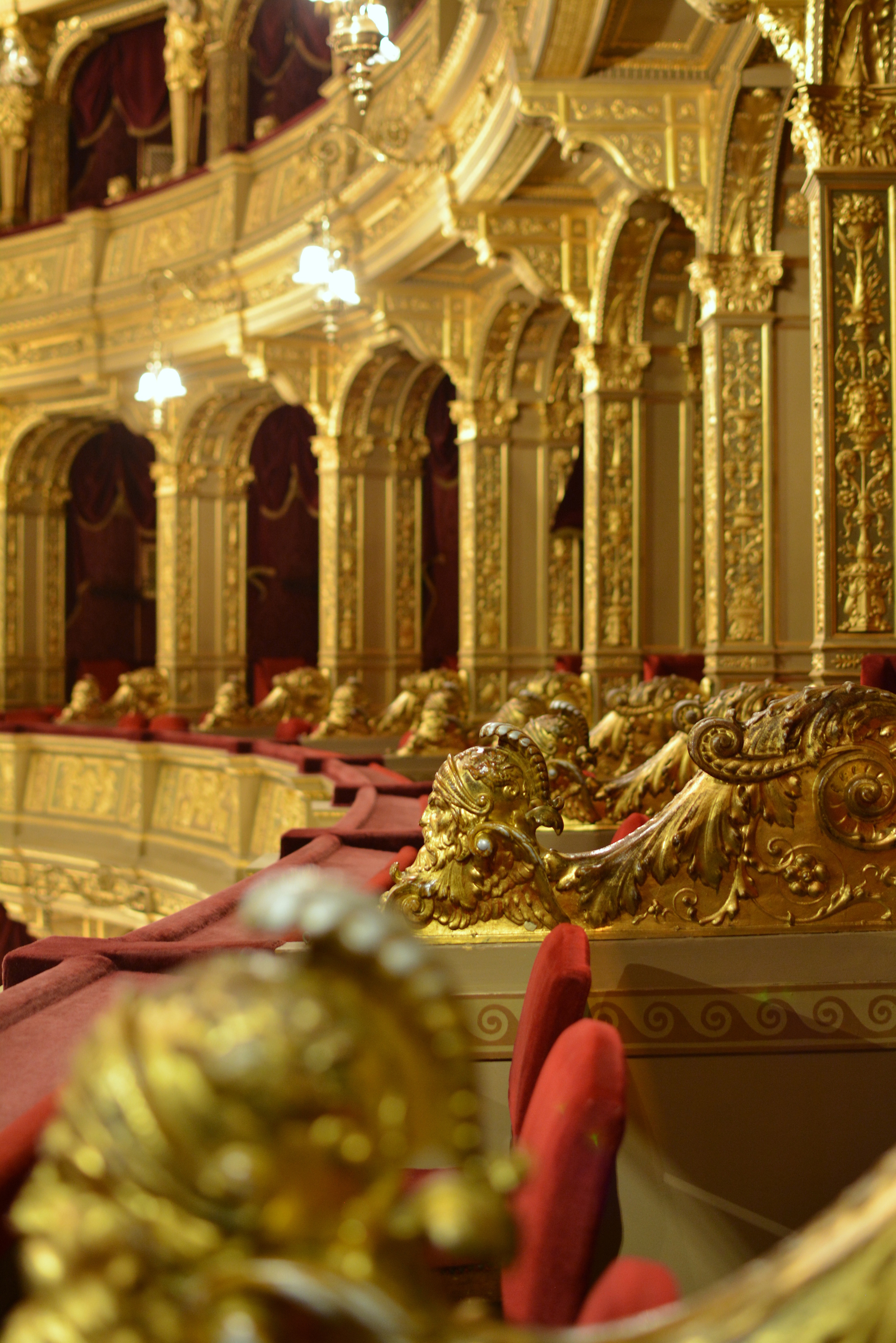 The gilded row of private box seats at the Hungarian Opera House.