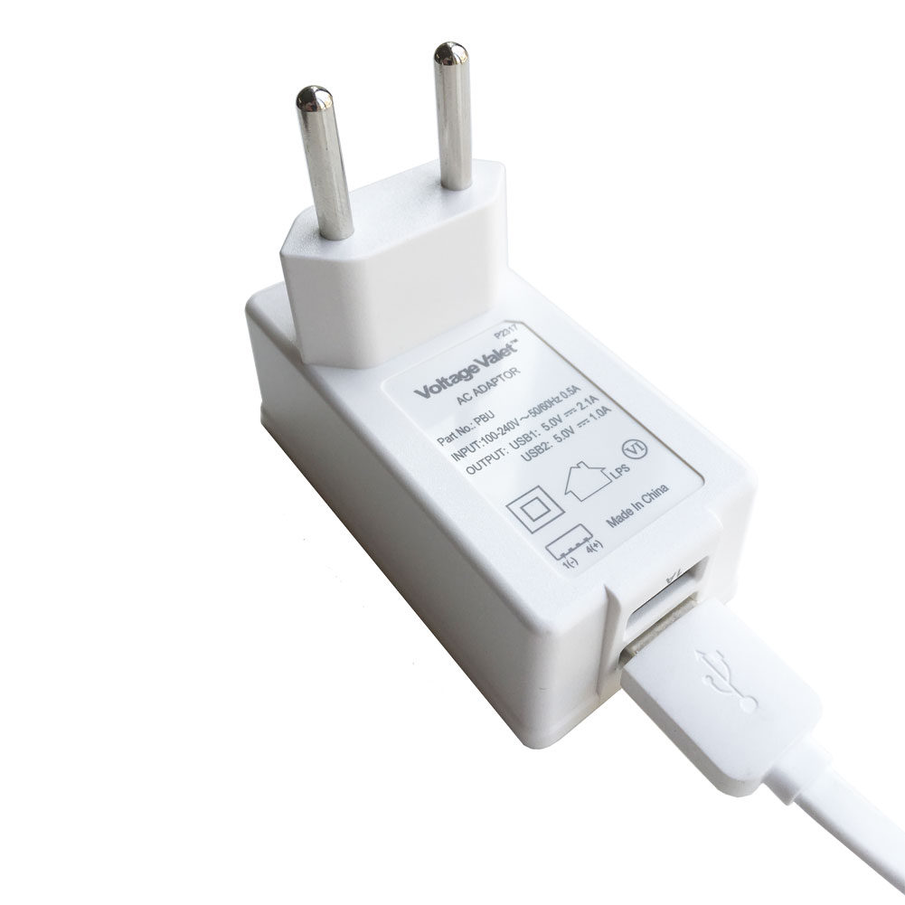 european adapter plug with USB charger plugged in