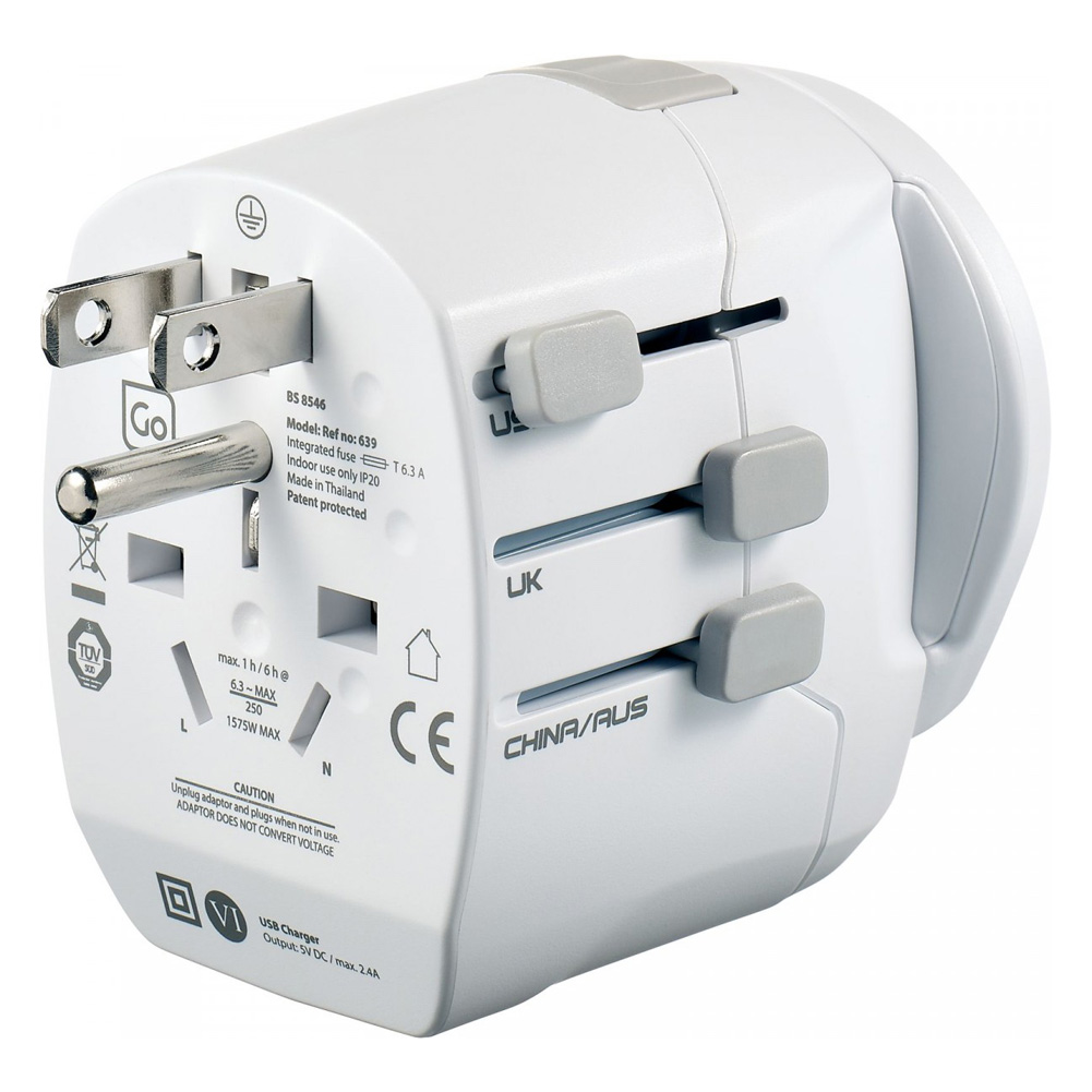 Worldwide Adapter Twin USB Grounded Plug Showing US Pins