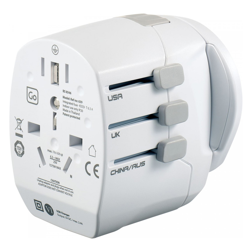 Worldwide Adapter Twin USB Grounded Plug Showing Female Side