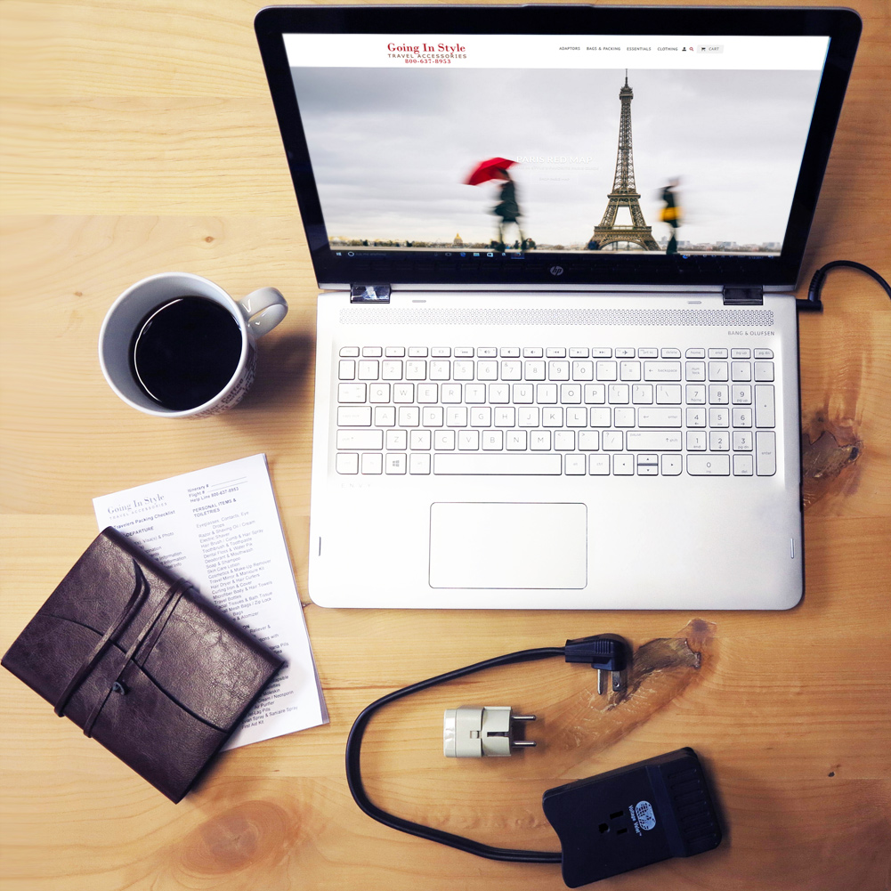 Travel Power Surge Strip Dual Voltage Flatlay with Laptop
