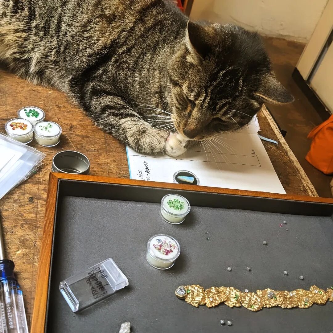 Studio cat,Tiger , gives out free design consultations. 🐆

#davidebigazzistudio #italianbottega #gatto #studiojeweler #JewelryClassesSF #jewelerydesigner #jewelerygallery #JewelrySchool #goldandsilver #goldbracelet