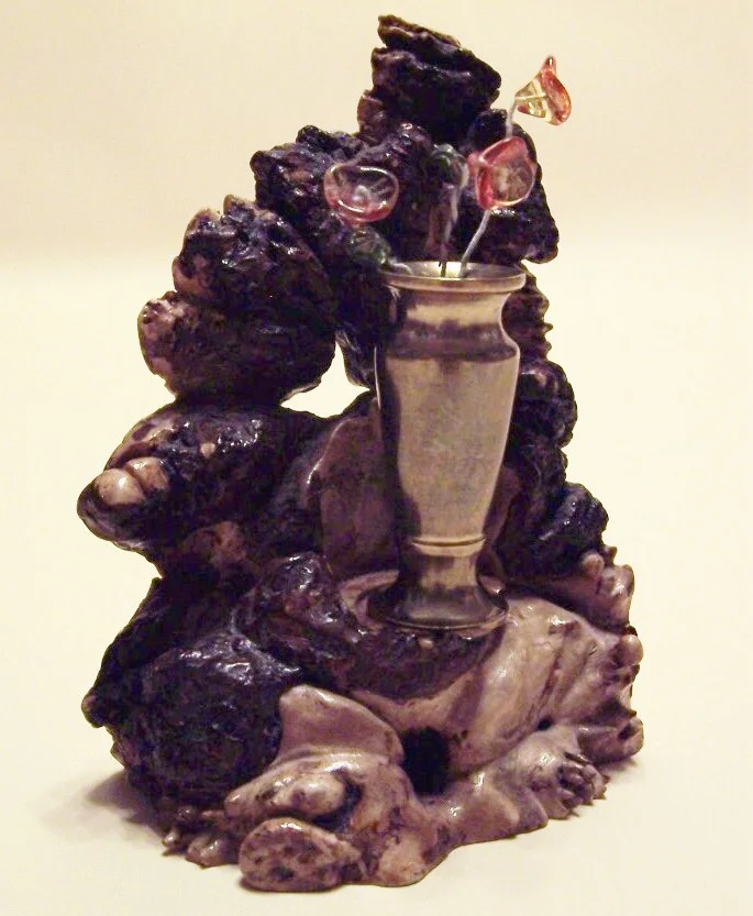 Burl Platform with miniature brass vase.