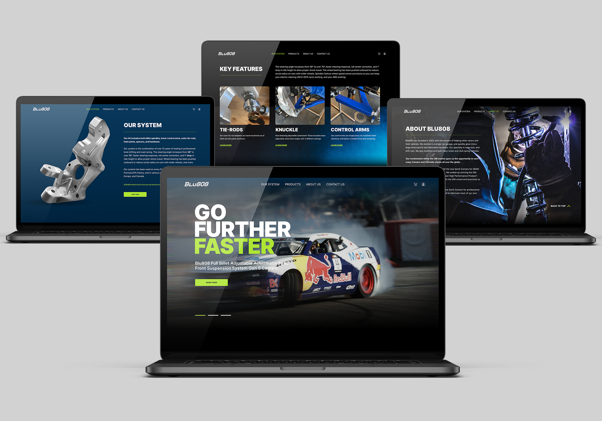 Multiple electronic devices displaying website images for an automotive suspension company, Blu808, with racing cars and suspension parts.