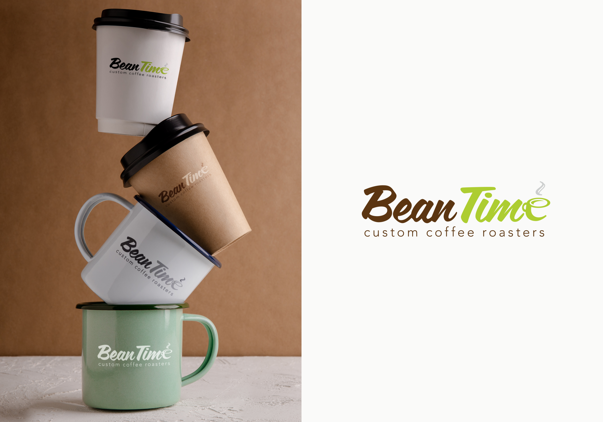 A stack of four coffee mugs and disposable coffee cups with 'Bean Time' and 'custom coffee roasters' logos, arranged on a white surface against a brown background.