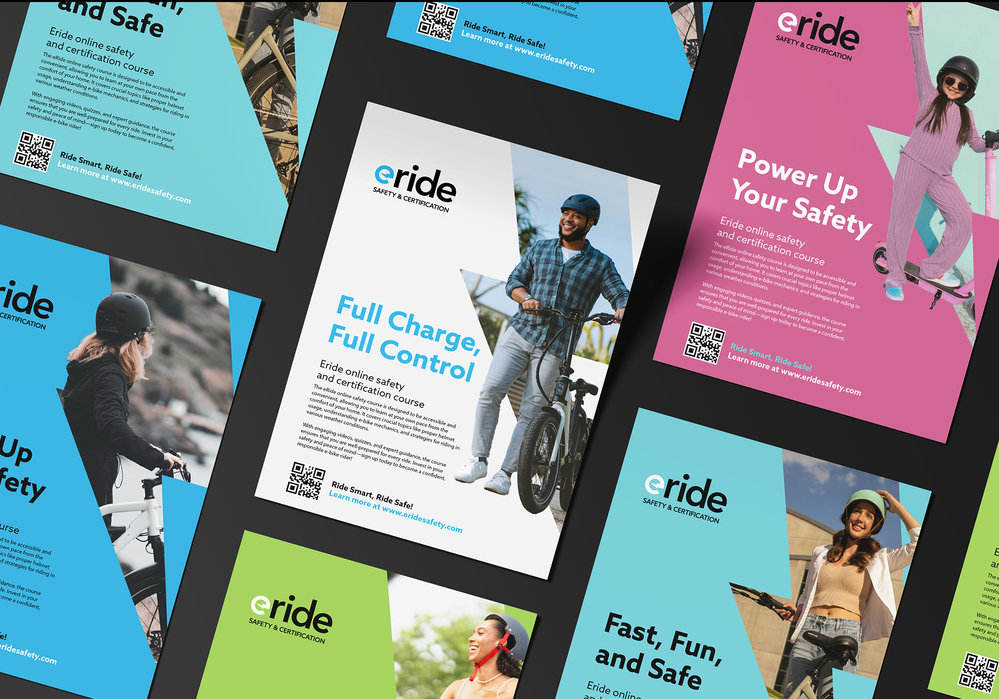 Collection of colorful flyers promoting the ERide online safety course for e-biking, featuring images of diverse people wearing helmets and riding bikes or scooters.