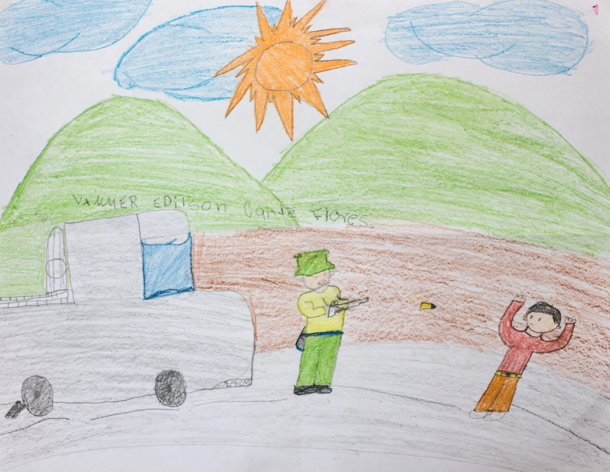 Images drawn by children when asked to depict migration to the United States. A border patrol agent is shooting a migrant with his arms raised.