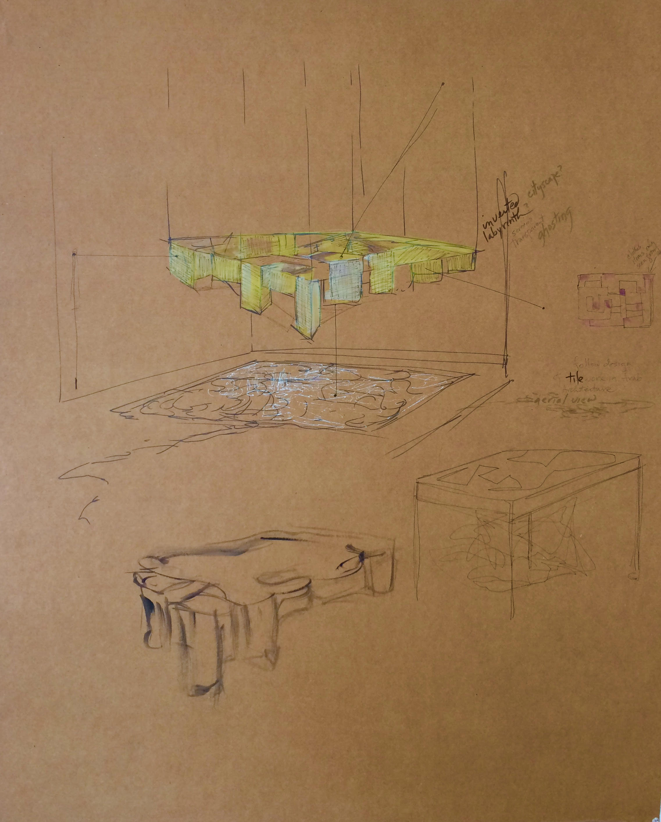Sketch that describes Mary Ann Peters' concepts for "impossible monument (nothing but the memory)"