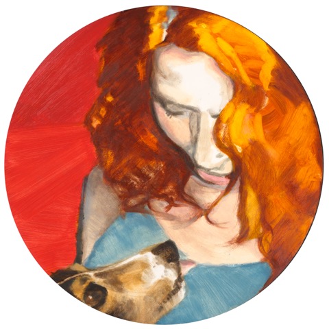 Emma and her Dog , 2015, oil on board, 40cm diam.