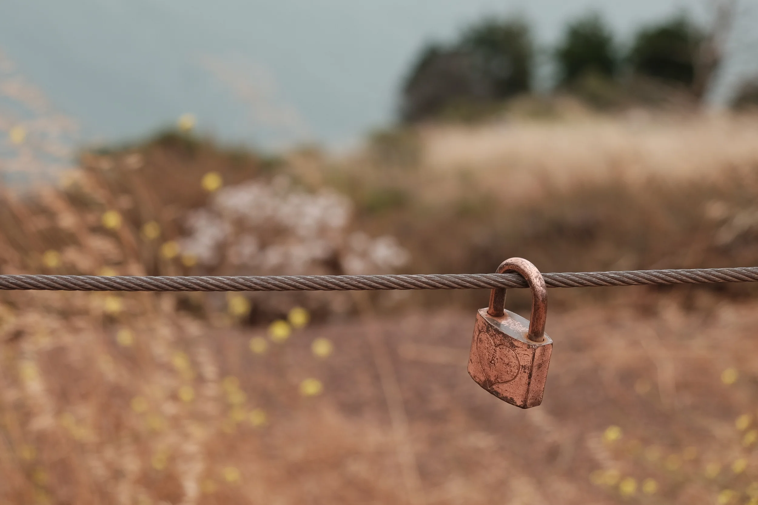 Lock attached to fence cable, located at a viewpoint above the Golden Gate Bridge, Marin Headlands, June 2016