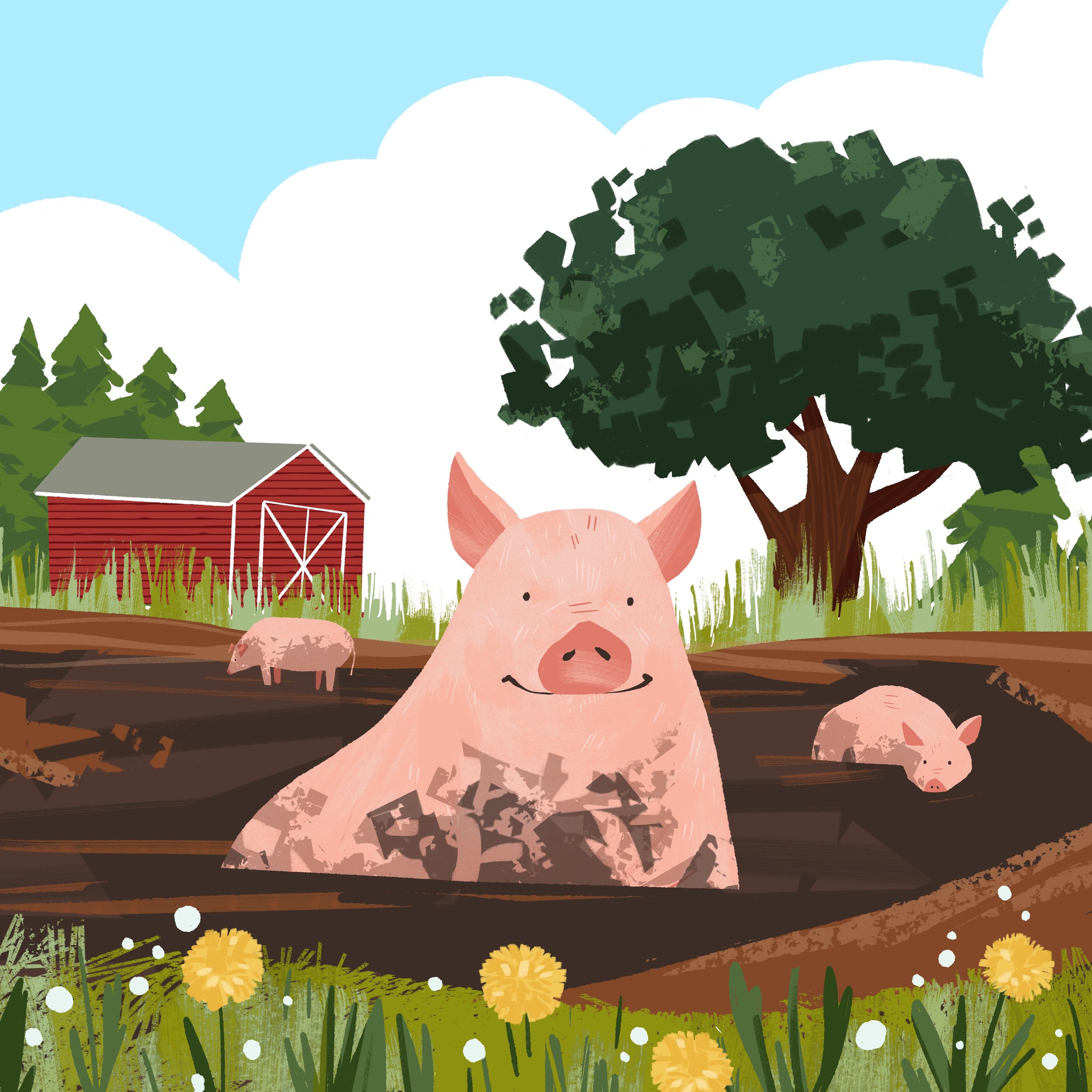 Drew Bardana Illustration - Pigs in the Mud on a Farm