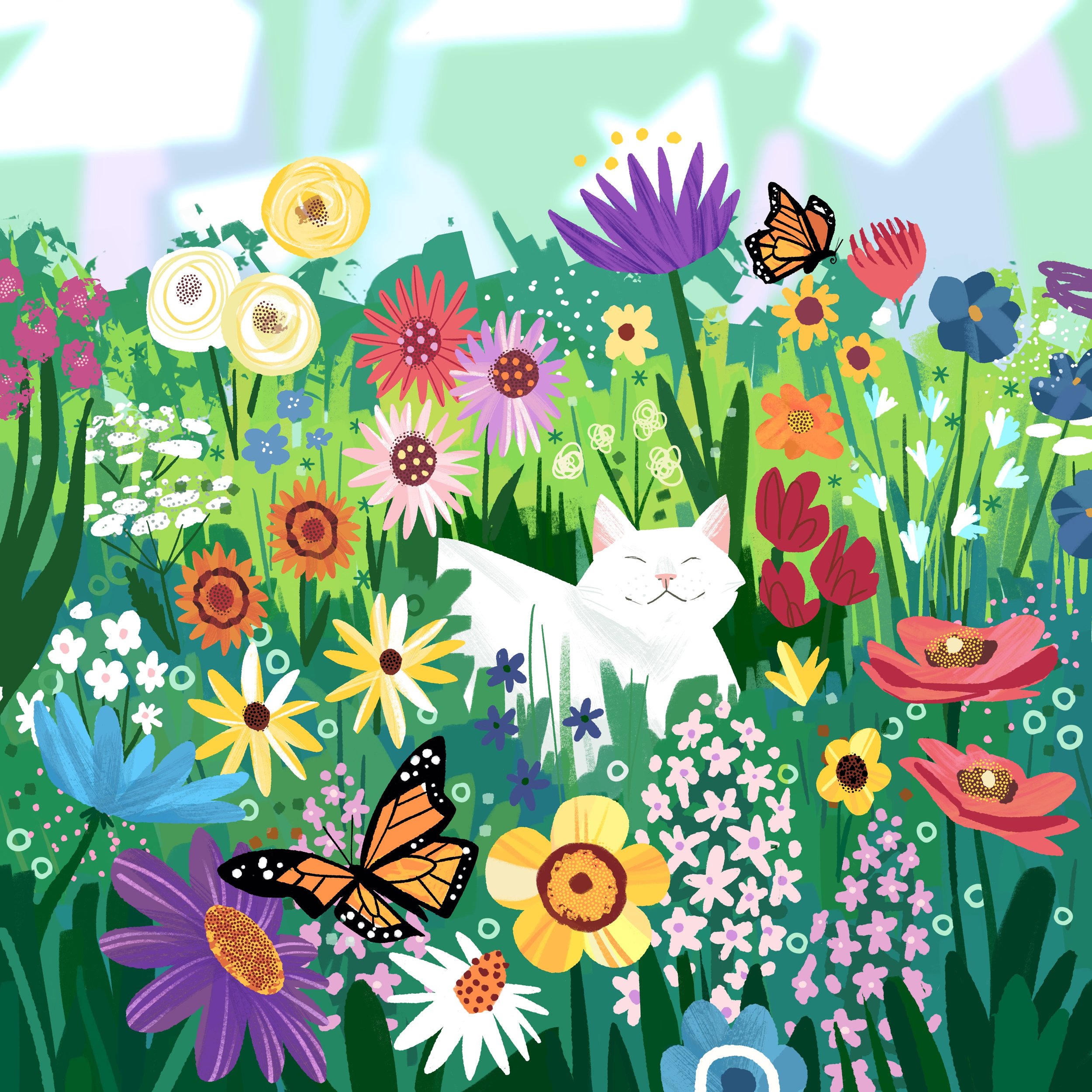 Drew Bardana - Cat in Wildflowers Nature Illustration