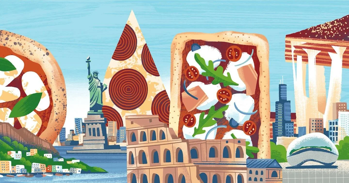 Different styles of pizza. The wood fired Neapolitan from Naples, the perfect thin slice from New York, Rome&rsquo;s Pizza al Taglio, and Chicago&rsquo;s deep dish. Look at that cheese pull!

#illustration #illustrator #instaart #pizza #newyorkslice 